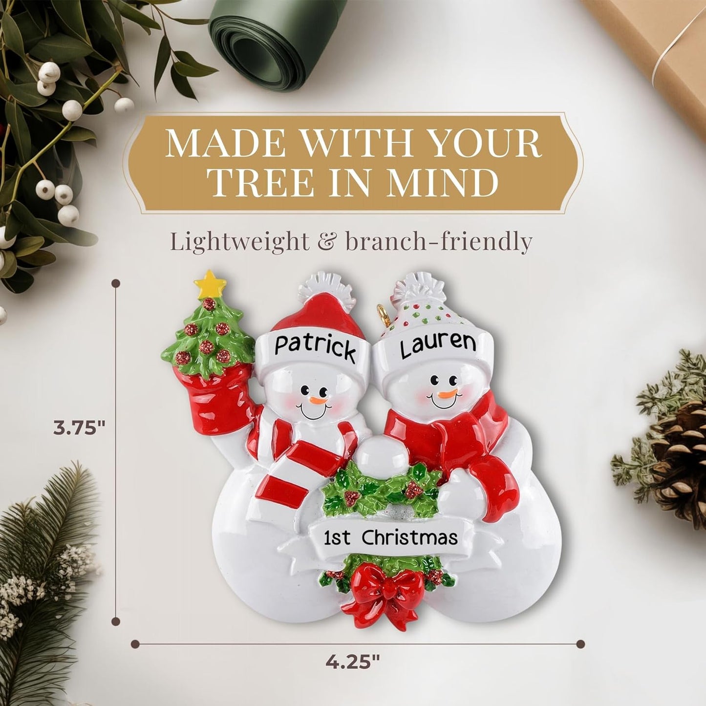 Personalized Couple Ornament 2025 | Free 24h Customization | Laser Engraved Snowman Christmas Ornaments for Tree | Custom Gift Wrapped Family of 2 Festive Holiday Keepsake for Two Persons