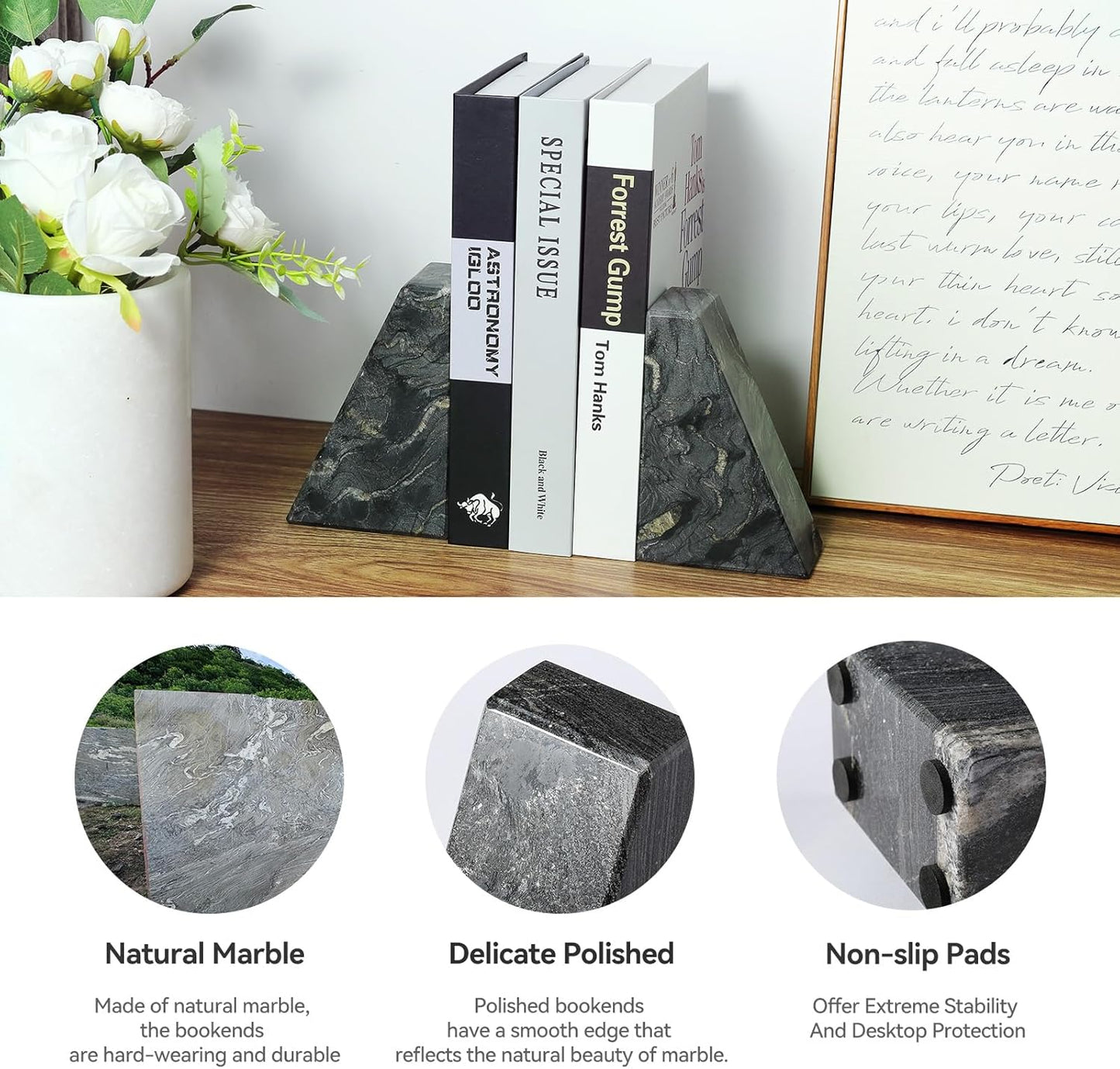 Marble Bookends for Heavy Books, Decorative Book Ends for Shelves, Titanium Black Stone Durable and Heavy-Duty Book Ends for Hardback Books & CDS, Unique Book Stopper & Holder, Set of 2