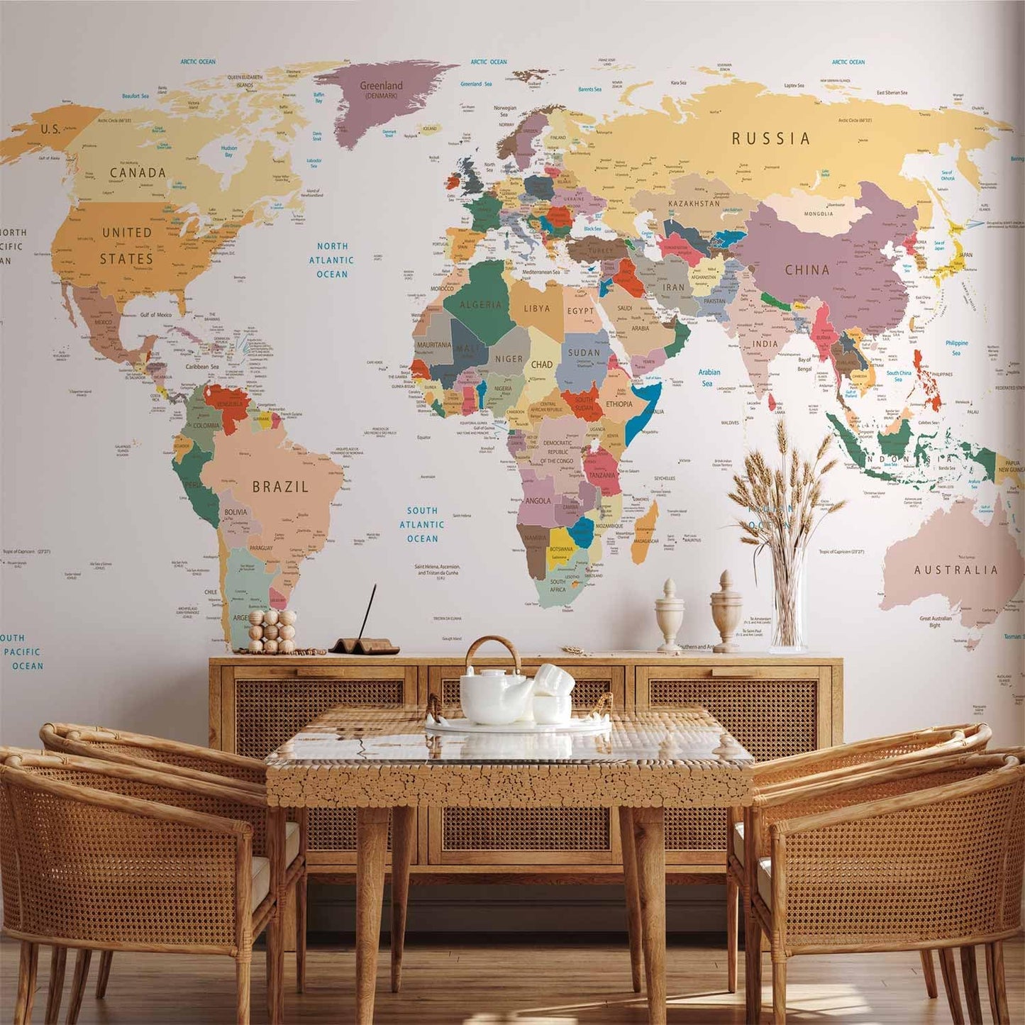 artgeist Wall Mural World Map 193x138 in - XXL Peel and Stick Self-Adhesive Wallpaper Removable Large Sticker Foil Wall Decor Print Picture Image Design Map of The World k-B-0001-a-b