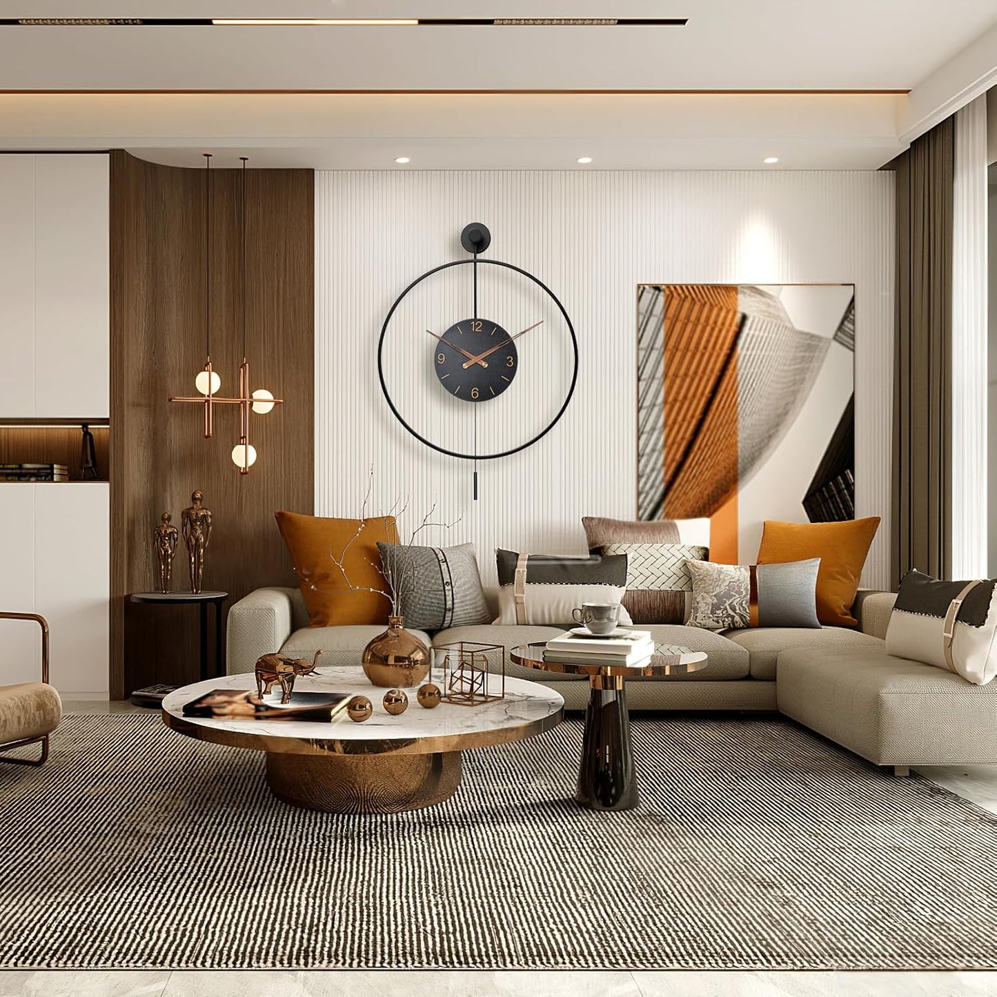 Large Modern Wall Clock,34.6×24 Inch Big Metal Minimalist Arabic Numeral Dial,Decorative Farmhouse Pendulum Wall Clocks with Walnut Pointers forLiving Room Decor, Office,Dining Room