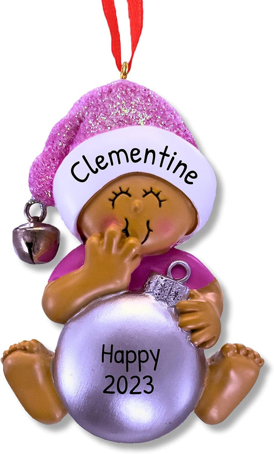 Ornaments by Elves - Personalized Baby Pink Christmas Ball Ornaments 2024 - Customized Baby Girl Pink Balls Christmas Decorations African-American Ornaments in a Giftable Packaging