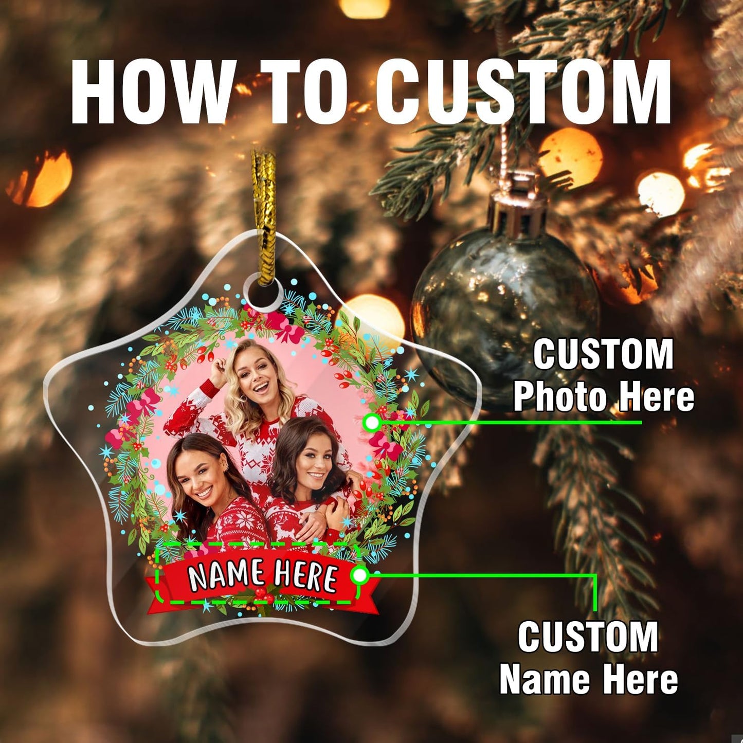 Personalized Christmas Ornaments, Crystal Custom Hanging Ornaments, Decorative Photo Hanging Glass Pendant, Design Own Picture, Gifts for Christmas, Star Decor for Family/Friends