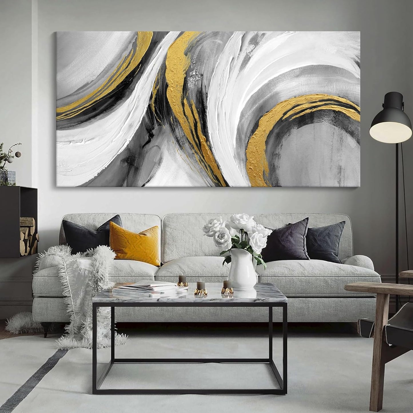 Large Abstract Wall Art - Modern Black White Gold Tones Hand Drawn Textures Ink Graffiti Canvas Painting Artwork for Home Bedroom Living Room Office Hallway Bed Above Decor 29"X58"