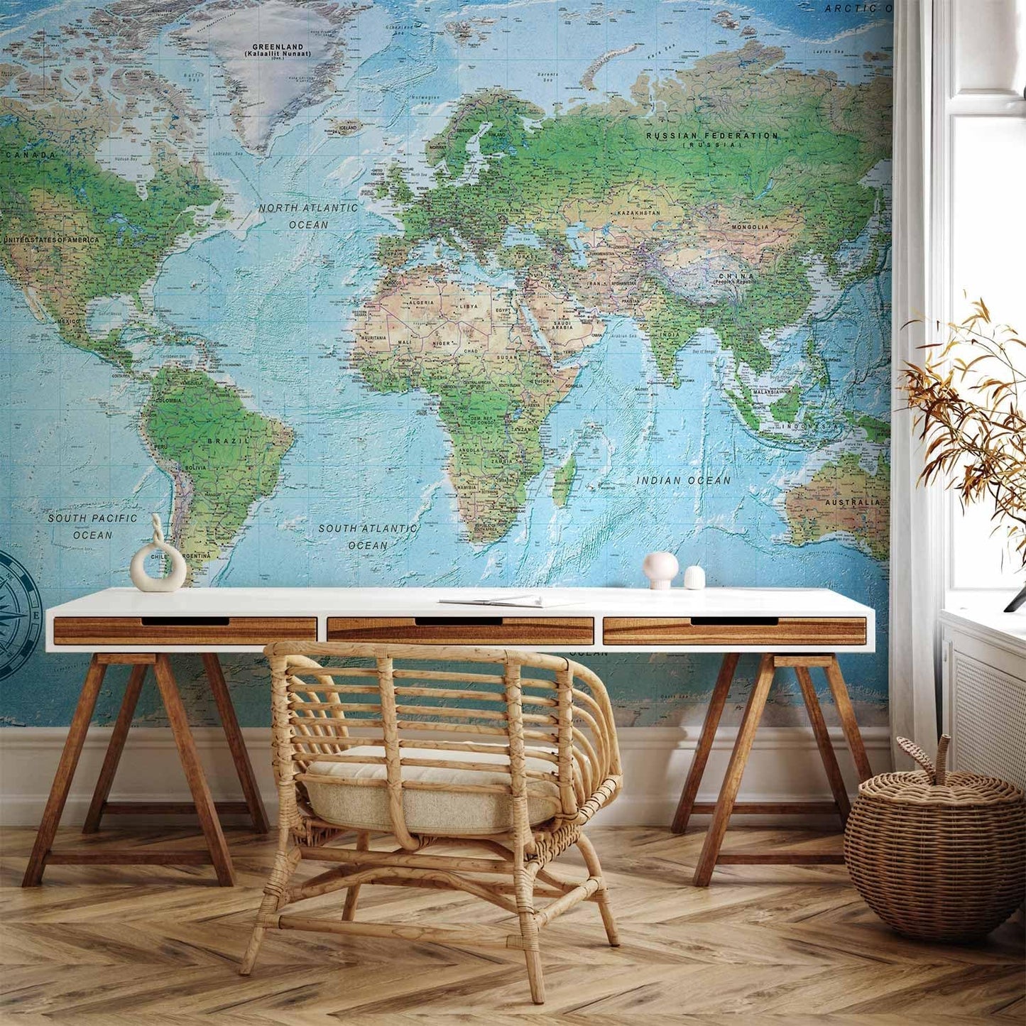 artgeist Premium Wall Mural World Map 79x55 in - XXL Non-Woven Wallpaper Fleece Wall Decor Photo Print Picture Image Design Home Map of The World k-A-0127-a-a