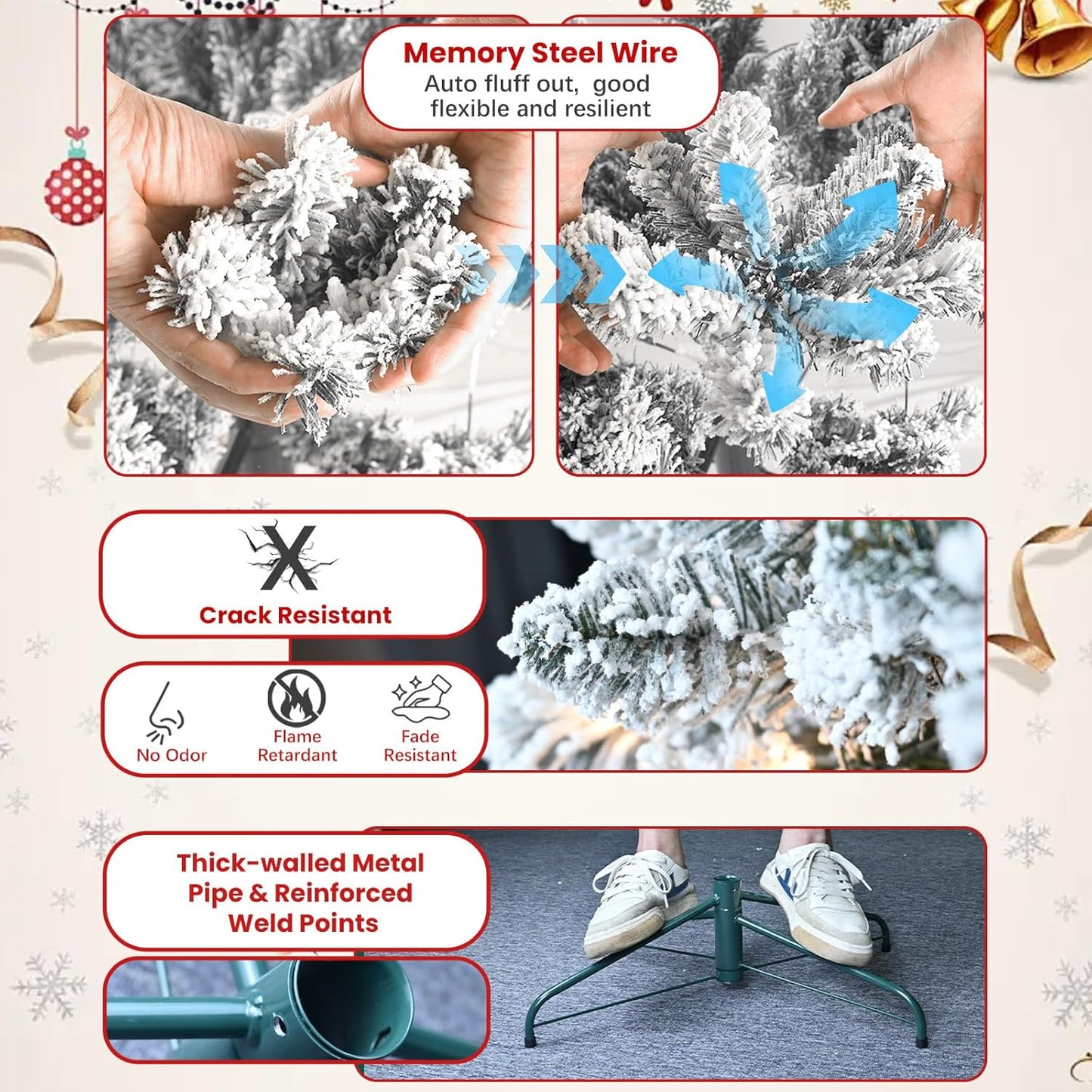 8 ft Flocked Snow Frosted Artificial Christmas Tree with 700 UL Lights & Pine Cones, 1754 Tips, Auto Hinged Easy Setup Full Prelighted