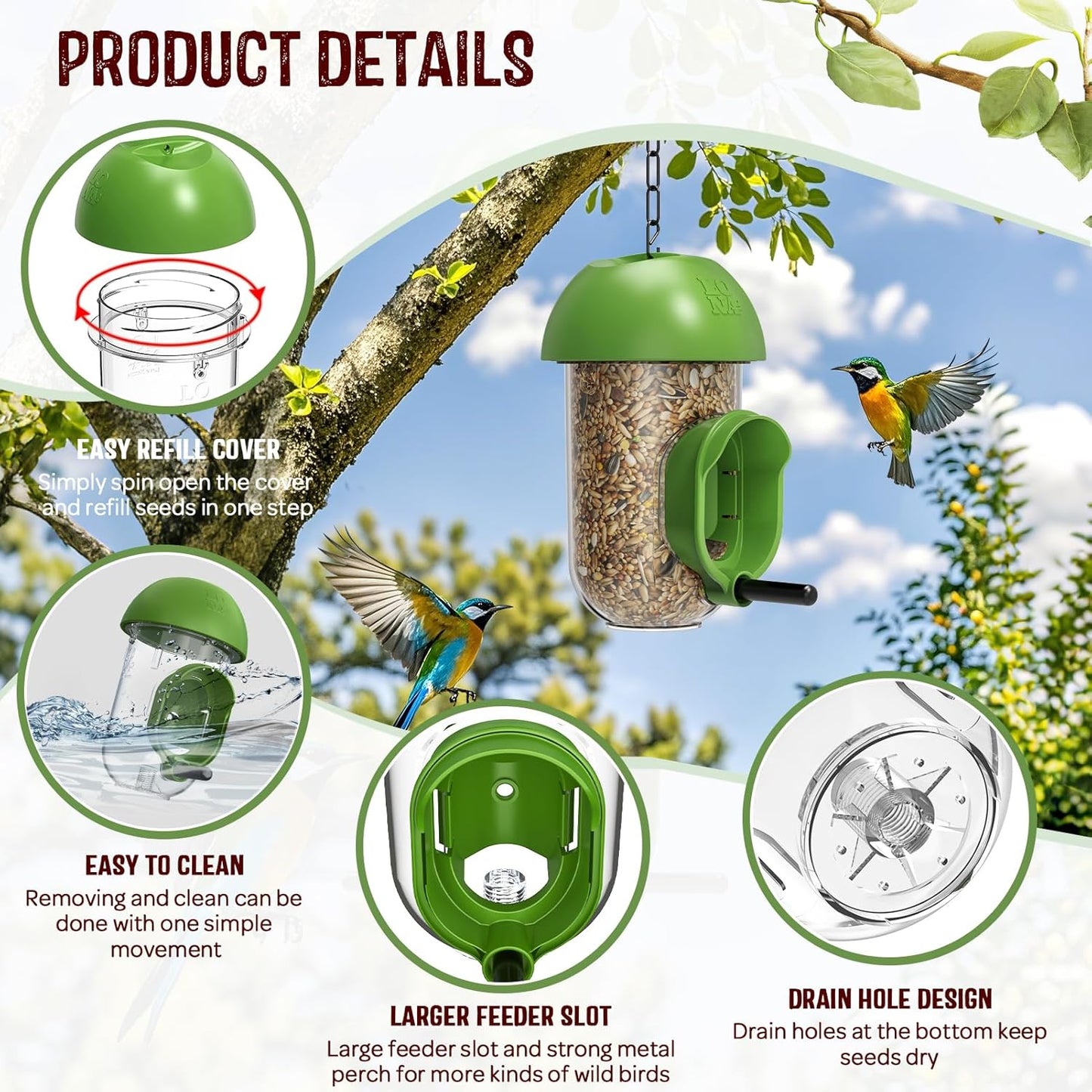 LONA Bird Feeders for Outdoors, Tube Feeder Weatherproof with Multiple Hanging Methods, Wild Bird Feeding Silo for Outside, 1 Port
