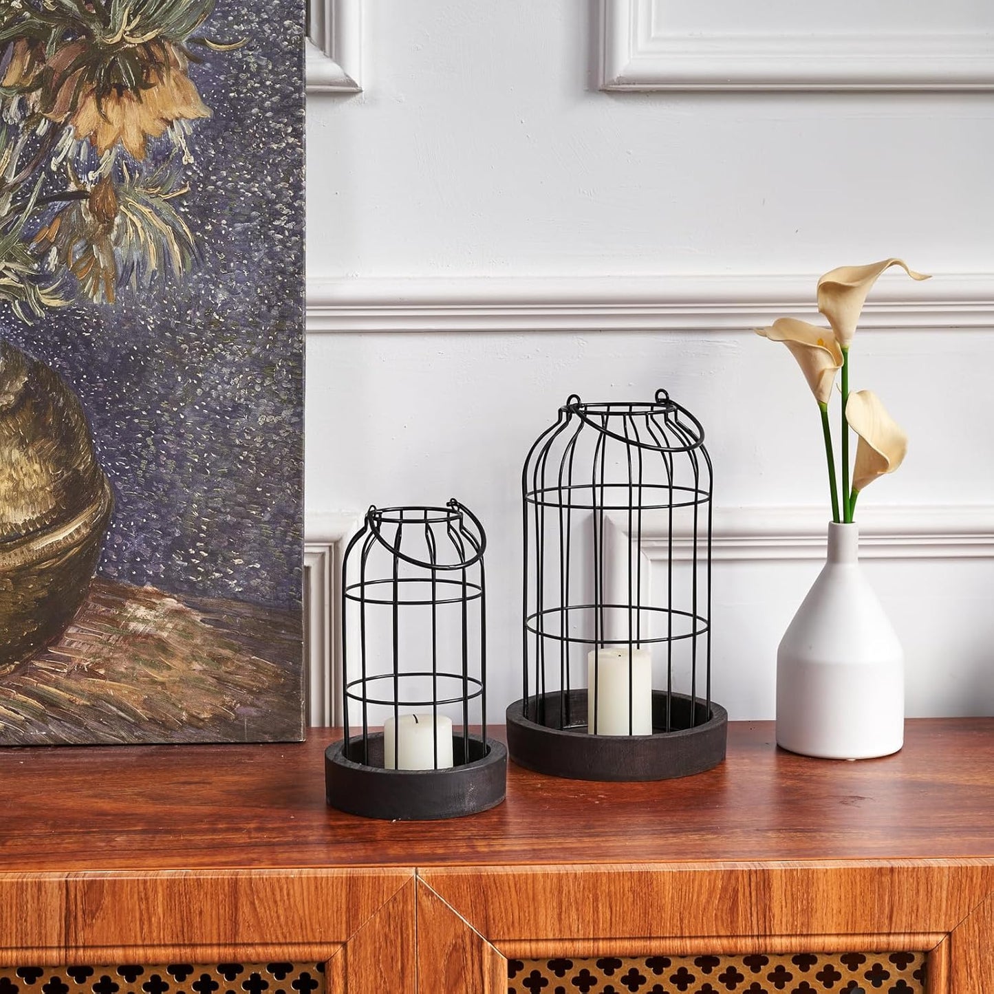 PHOSPHOR Home Decor Candle Lanterns, Set of 2 Rustic Cage Candle Holder, Tian Yuan Nong she，for Living Room, Fireplace Mantle, Dining Table Centerpieces Home Kitchen Decor