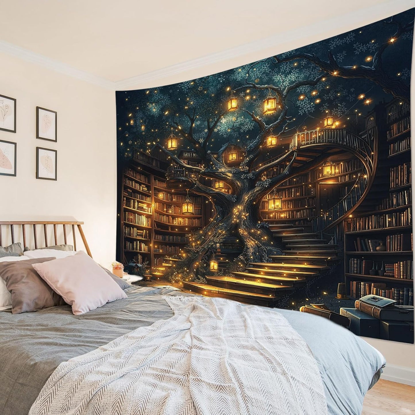 HVEST Fantasy Library Tapestry Fairytale Tree Vintage Bookshelf Tapestry for Bedroom Retro Bookshelf Book Wall Decor for Classroom Study Room College Room Dorm, 40L x 60W Inches