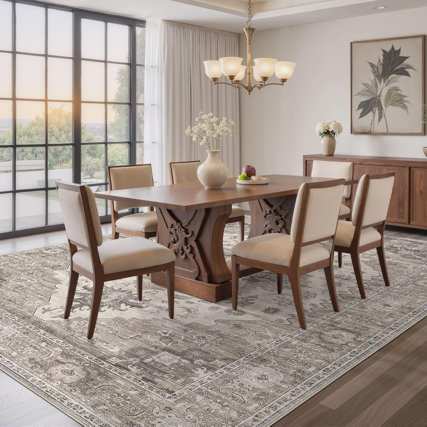 Washable Area Rugs for Living Room -6x9 Neutral Vintage Distressed Floral Farmhouse Boho Large Soft Floor Rug Indoor Non Slip Carpet for Living Room Bedroom Dining Room Office-Brown/Beige