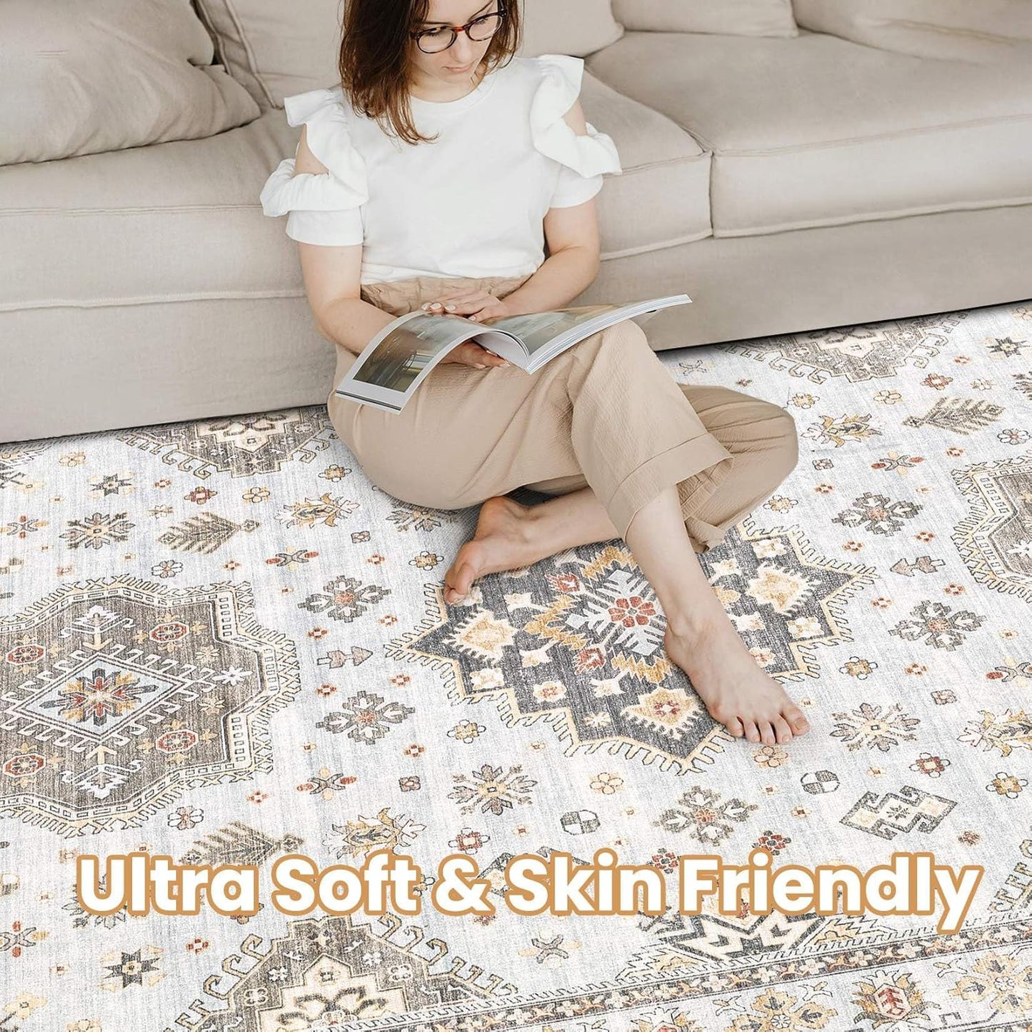 Washable Area Rugs for Living Room -9x12 Neutral Vintage Distressed Floral Farmhouse Boho Large Soft Floor Rug Indoor Non Slip Carpet for Living Room Bedroom Dining Room Office - Blue Brown