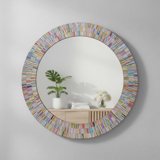 Bohemian Rainbow Wall Mirror -Glass Mosaic Mirror Decorative Wall Mirror, Multi Color Spectrum Wall Mountable, 24" Multi-Color Round Framed Mirror