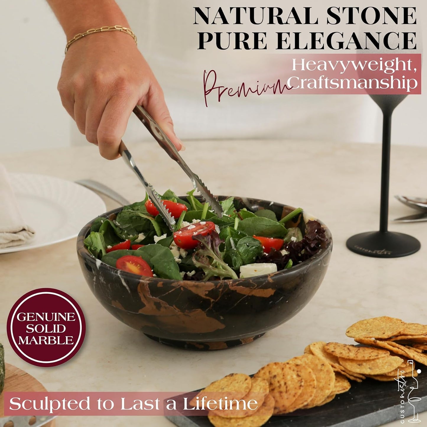 Gusto Nostro 8" Luxury Black Marble Decorative Bowl for Coffee Table - Elegant Decorative Fruit Bowl for Kitchen Counter - Heavy Stone Entryway Catch All for Keys, Potpourri Holder Centerpiece, Medium