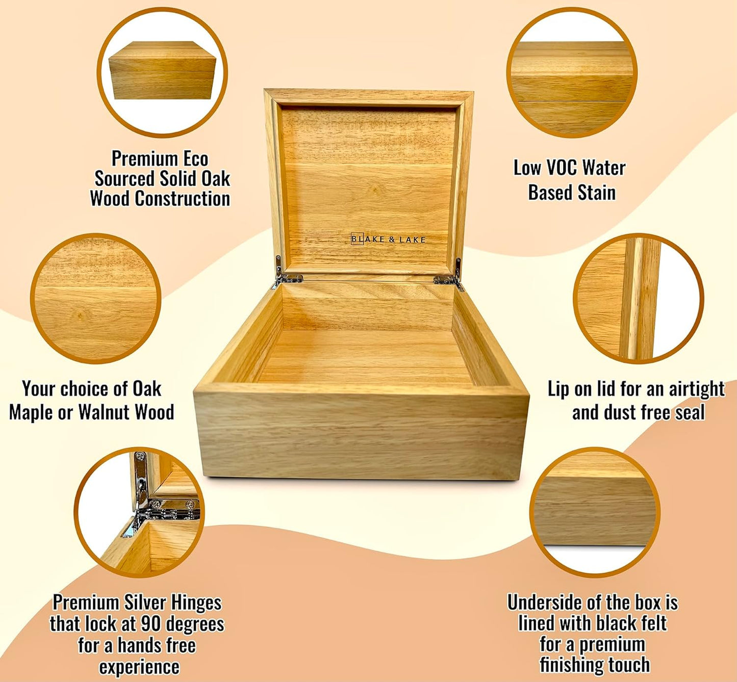 Blake & Lake Wooden Eco Box with Hinged Lid - Solid Oak Wood Storage Box with Lid - Wooden Keepsake Box - Decorative wooden boxes with lids for Keepsakes (Oak)