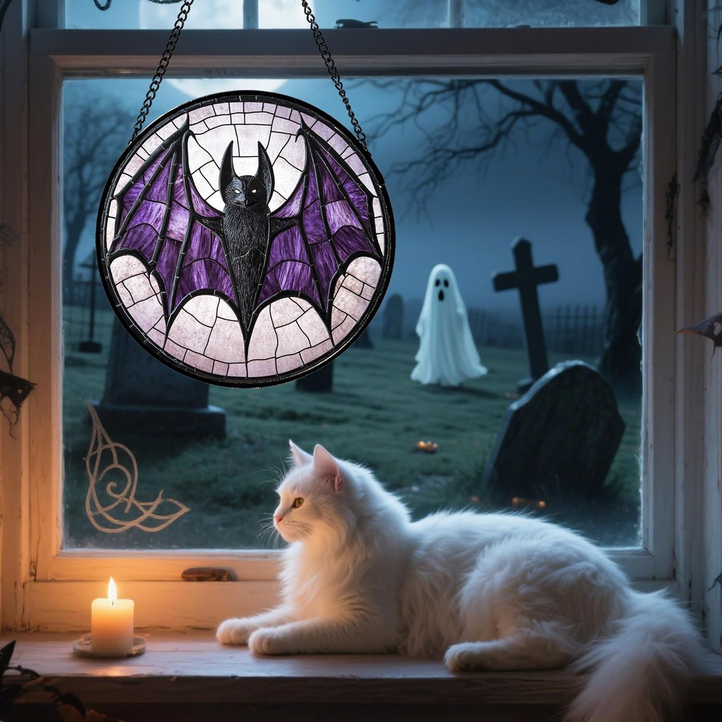 Stained Glass Window Hanging - Halloween Black Bat Purple Wings Monster Suncatcher for Doors Garden Home Spooky Sun Catchers Gothic Decor Horror Gift for Women Men Friend Boy Girl 15 in