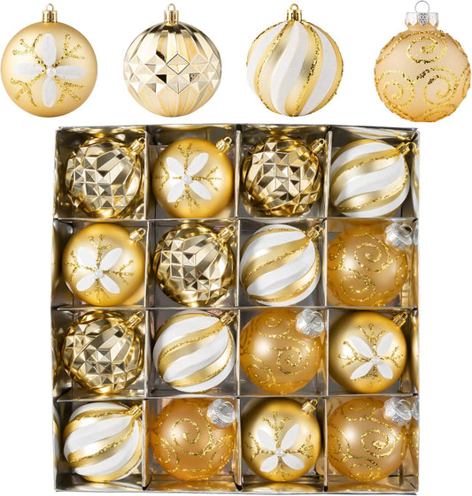 16Pcs Christmas Ball Ornaments Set, 3.15" Shatterproof Christmas Ornaments, Luxury Glitter Hanging Ornaments for Xmas Tree, Xmas Holiday, Party, Wedding (Gold)