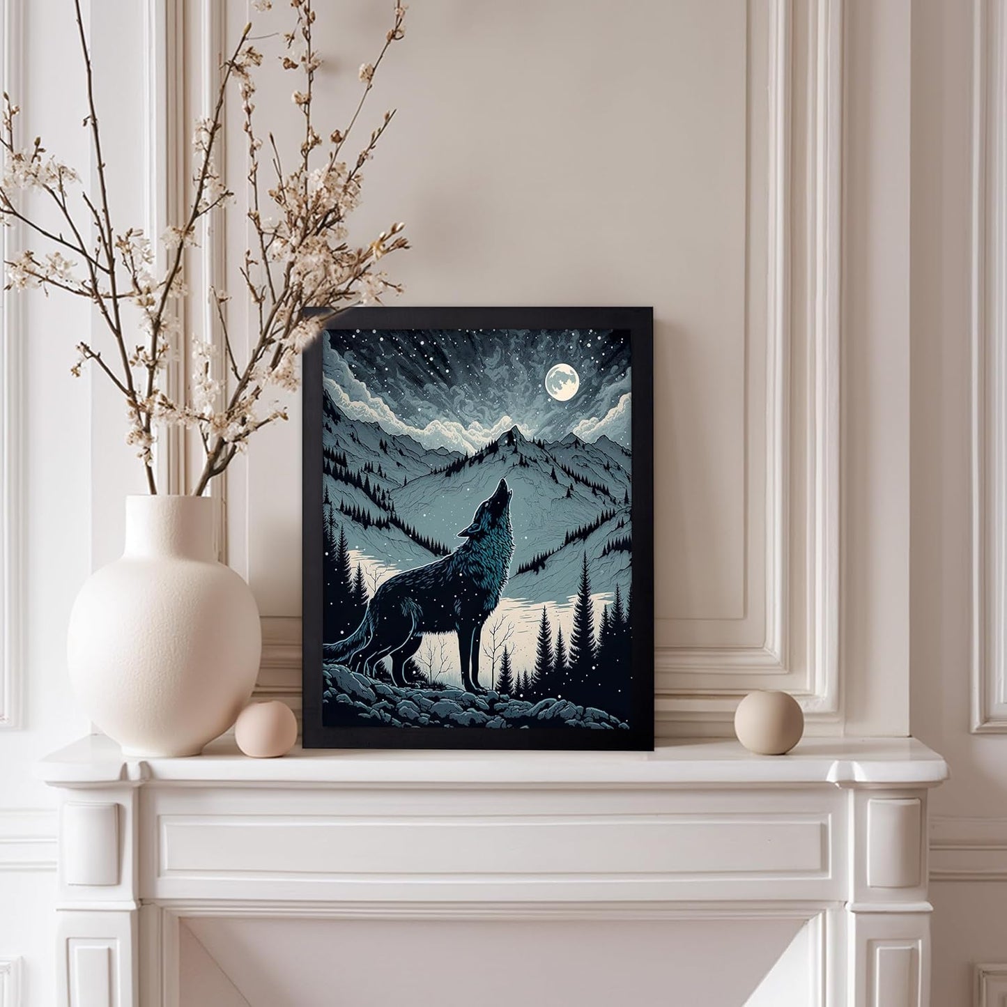 Poster Master Vintage Illustration Poster - Retro Animal Print - Gift for Artist, Friend - Wolf Howling at the Moon, Mountain, Snow, Landscape - Wall Decor for Home, Office, 11x14 Black Framed