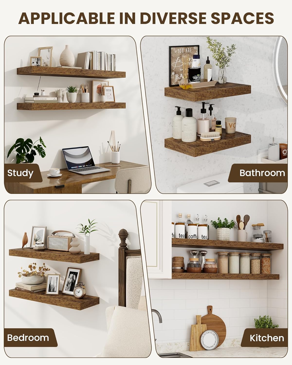 Marsmiles 16" Floating Shelves for Wall, Wooden Shelves with Invisible Brackets Set of 2, Rustic Farmhouse Wall Mounted Shelf for Kitchen Bathroom Living Room Study, Rustic Brown