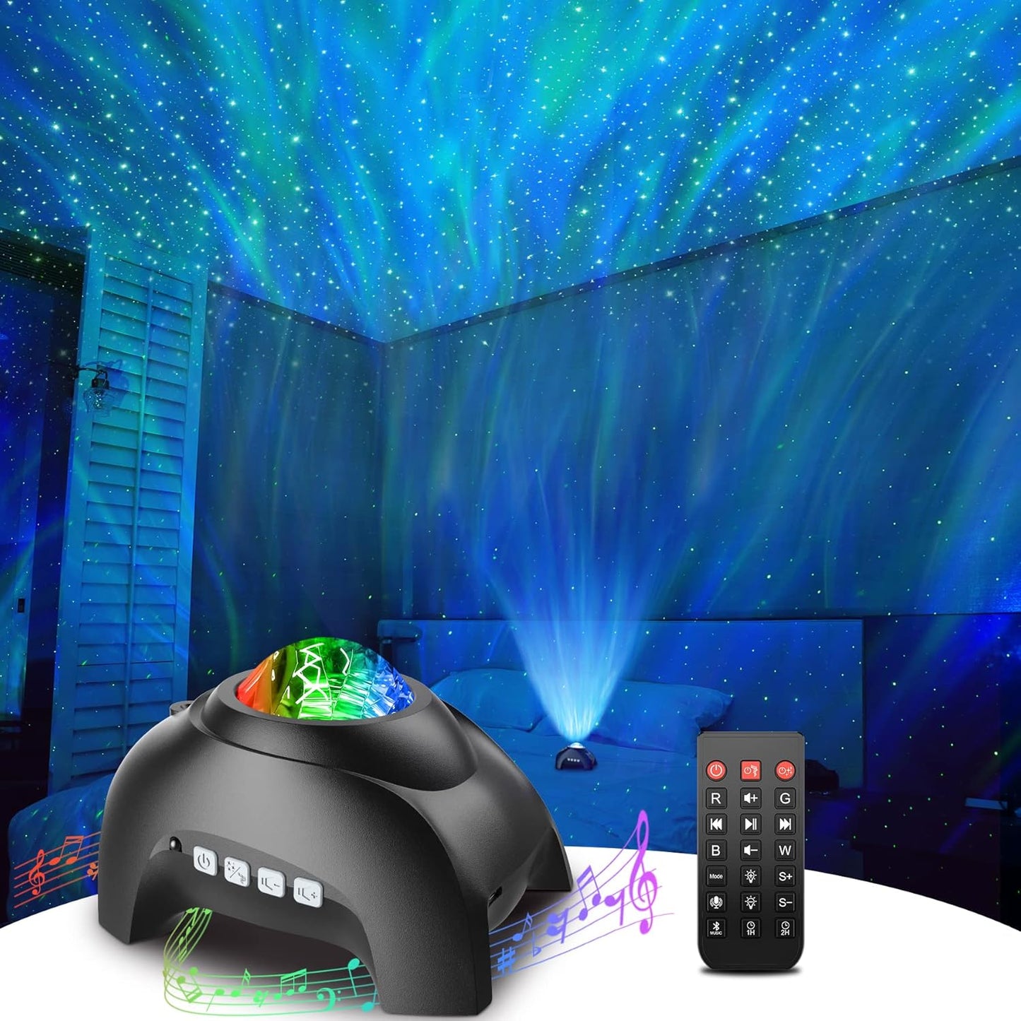 Rossetta Star Projector, LED Night Light Aurora Galaxy Projector with Bluetooth Speaker, White Noise, Timer and Remote for Room Decor, Gifts for Kids, Adults, Christmas, Birthday, Black
