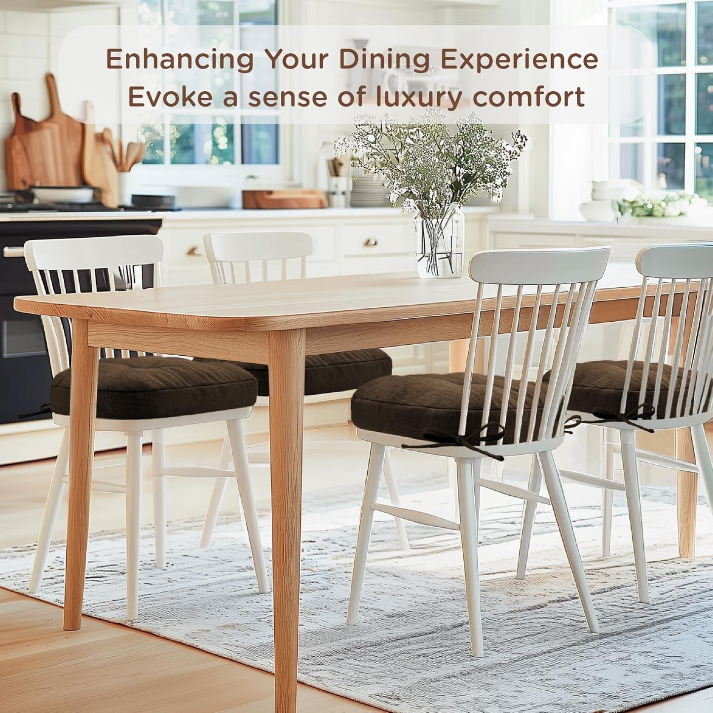 Codi Dining Chair Cushions 4 Pack, Thick Chairs Pads for Indoor Kitchen Room - Washable, Non-Slip Seat Cushion with Ties, 16.5"x16.5"x 3.5", Set of 4, Brown