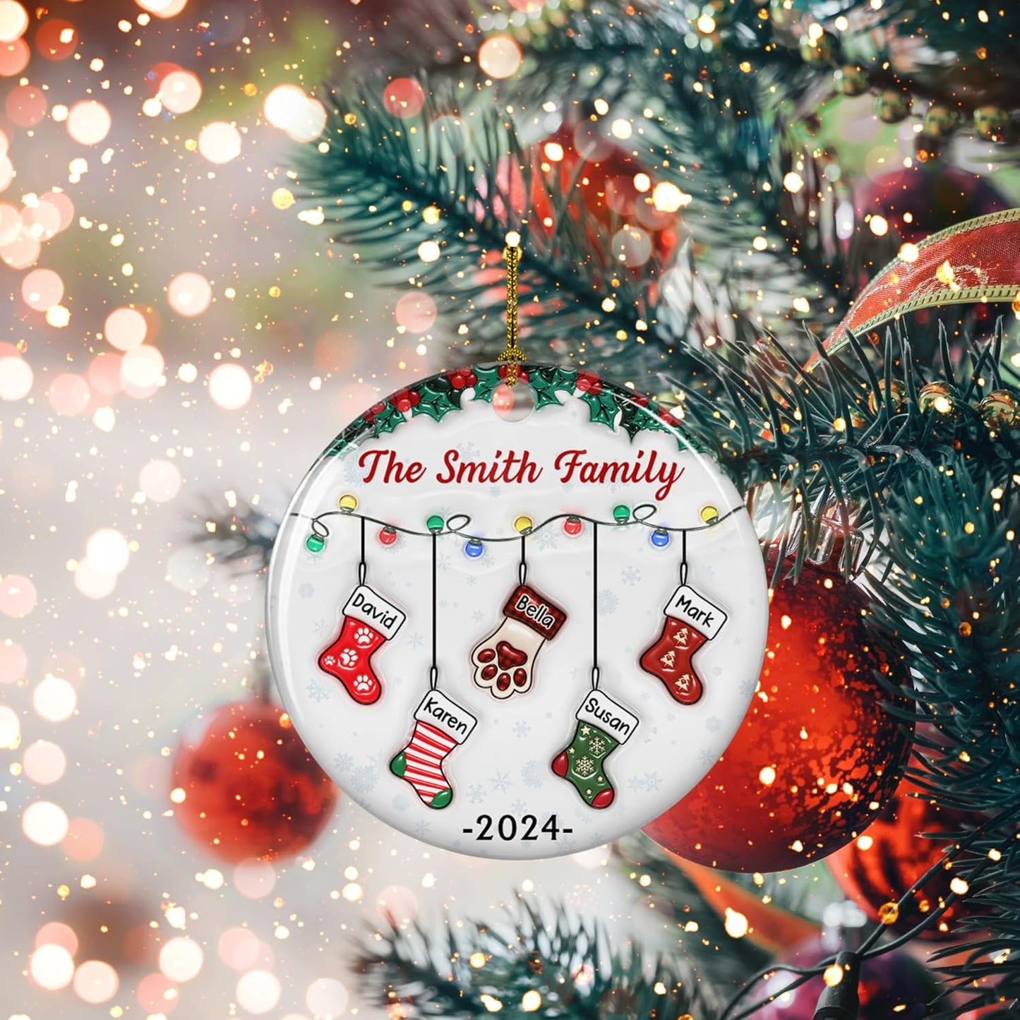 Stocking Personalized Family Christmas Ceramic Ornament 2025-3D Inflated Effect Custom Name Hanging Stock up to 10 Members, First Xmas as A Family Ornament Gifts (A04, 3 Names)