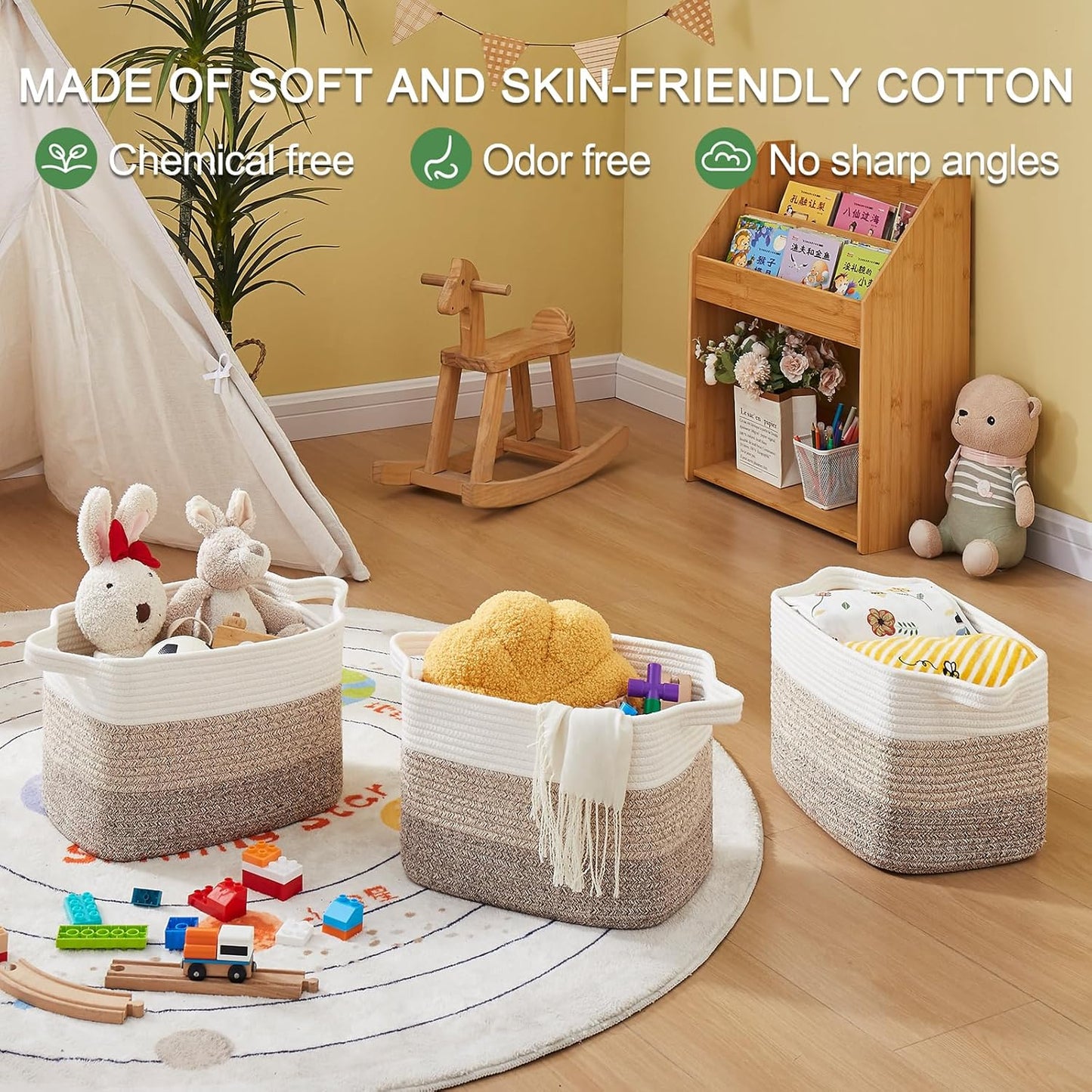 OIAHOMY Storage Basket, Woven Baskets for Storage, Cotton Rope Basket for toys,Towel Baskets for Bathroom - Pack of 3, Gradient Yellow