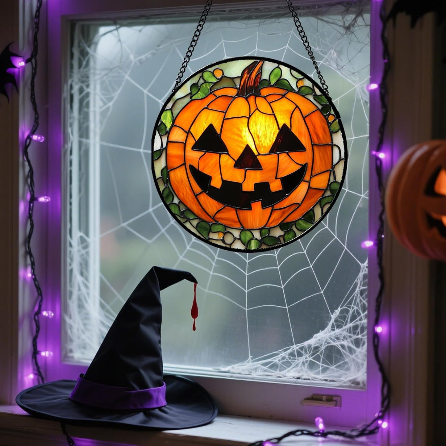 Stained Glass Window Hanging, Halloween Decorations Evil Pumpkin Suncatcher for Doors Garden Indoor Spooky Funny Orange Sun Catchers Gothic Decor Horror Gifts for Women Men Friend 15 in