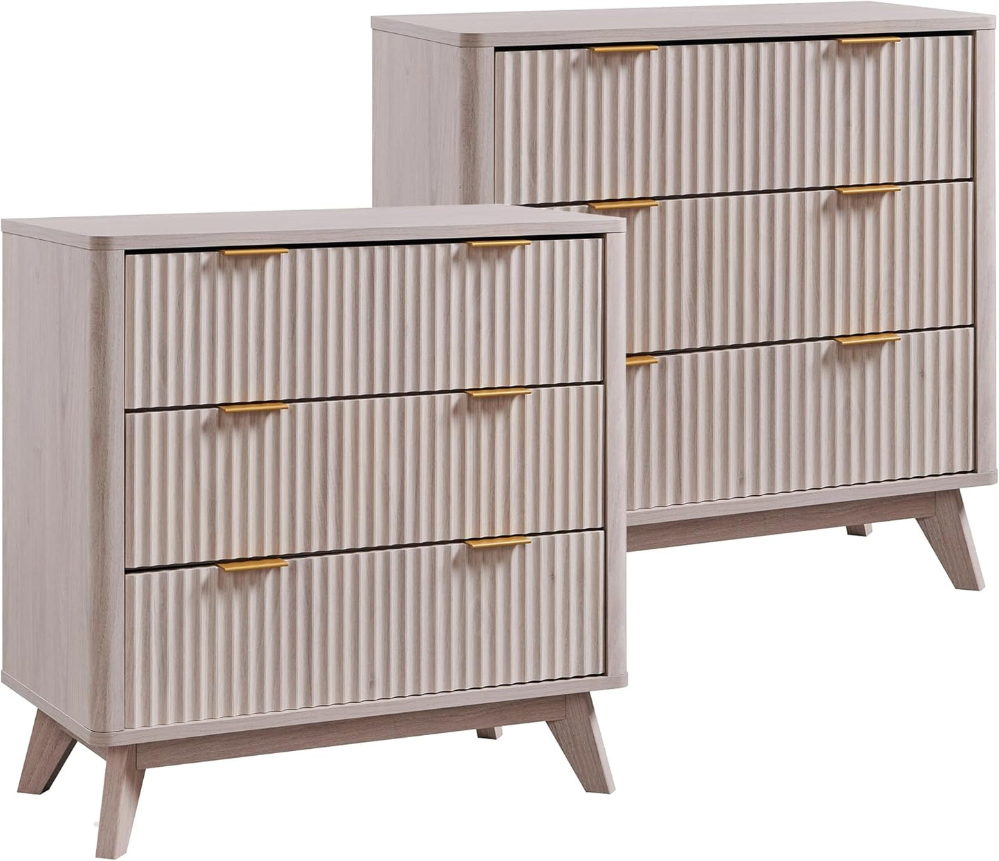 T4TREAM 32" Tall Fluted Nightstand Set of 2, Modern Side Table with 3 Drawers, End Table w/Storage, Bedside for Bedroom, Living Room, Curved Profile Design, White Alder