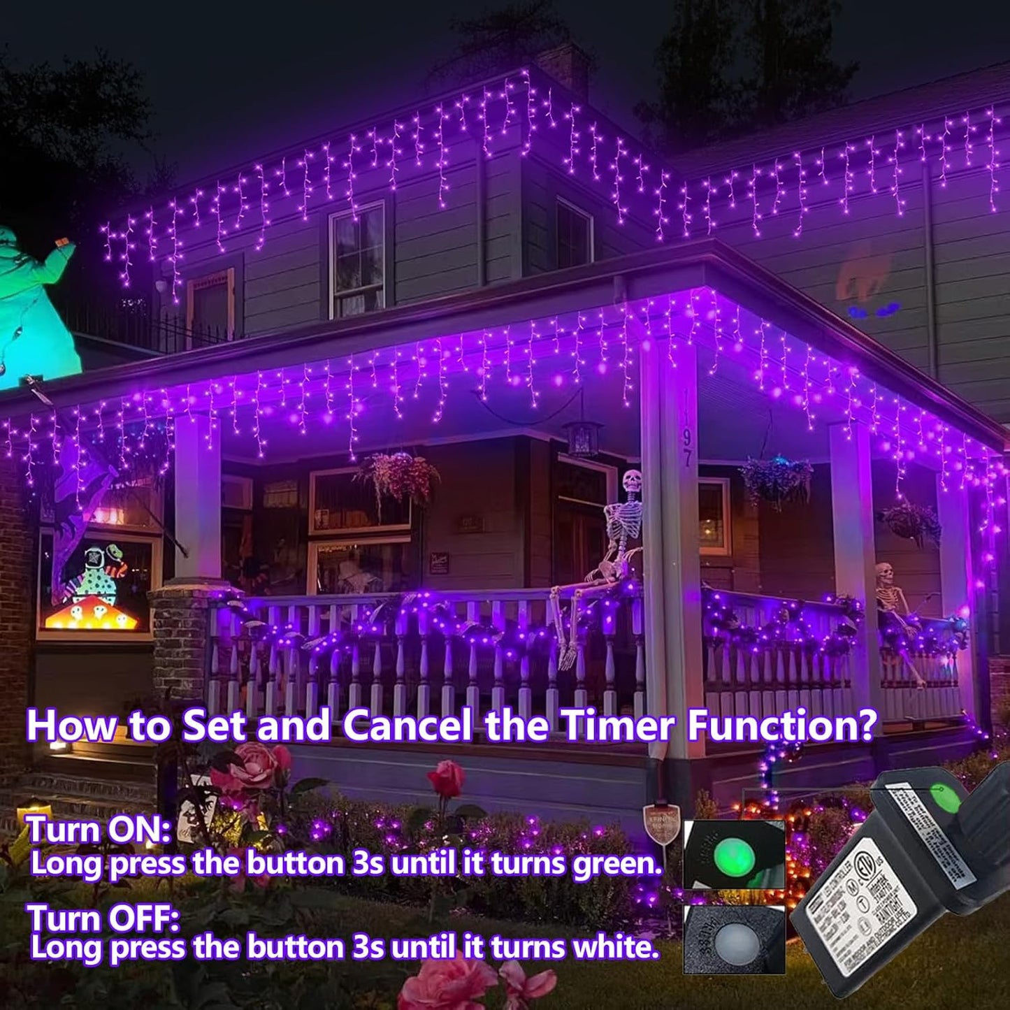 YEGUO 33ft 400 LED Purple Icicle Halloween Lights Outdoor Waterproof, 80 Drops Icicle Light Connectable, 8 Modes Icicle Christmas Lights with Memory Timer