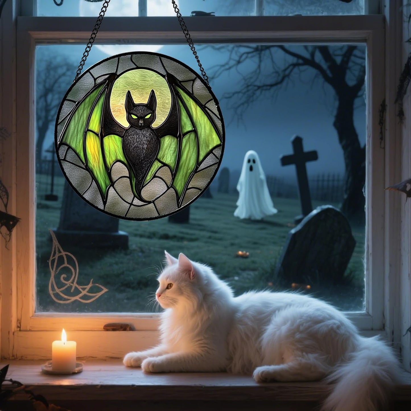 Stained Glass Window Hanging - Halloween Black Bat Green Wings Monster Suncatcher for Doors Garden Home Spooky Sun Catchers Gothic Decor Horror Gift for Women Men Friend Boy Girl 15 in