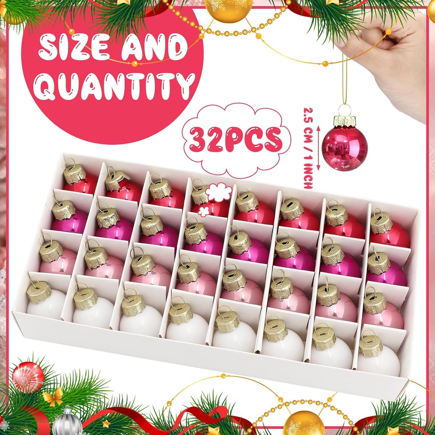 Tioncy 32 Pcs 1 Inch Mini Glass Christmas Ornaments Balls Shiny Christmas Balls Tiny Tree Hanging Decoration Small Colorful Ball Pendant for Xmas Party Supplies(Pink Series, White)
