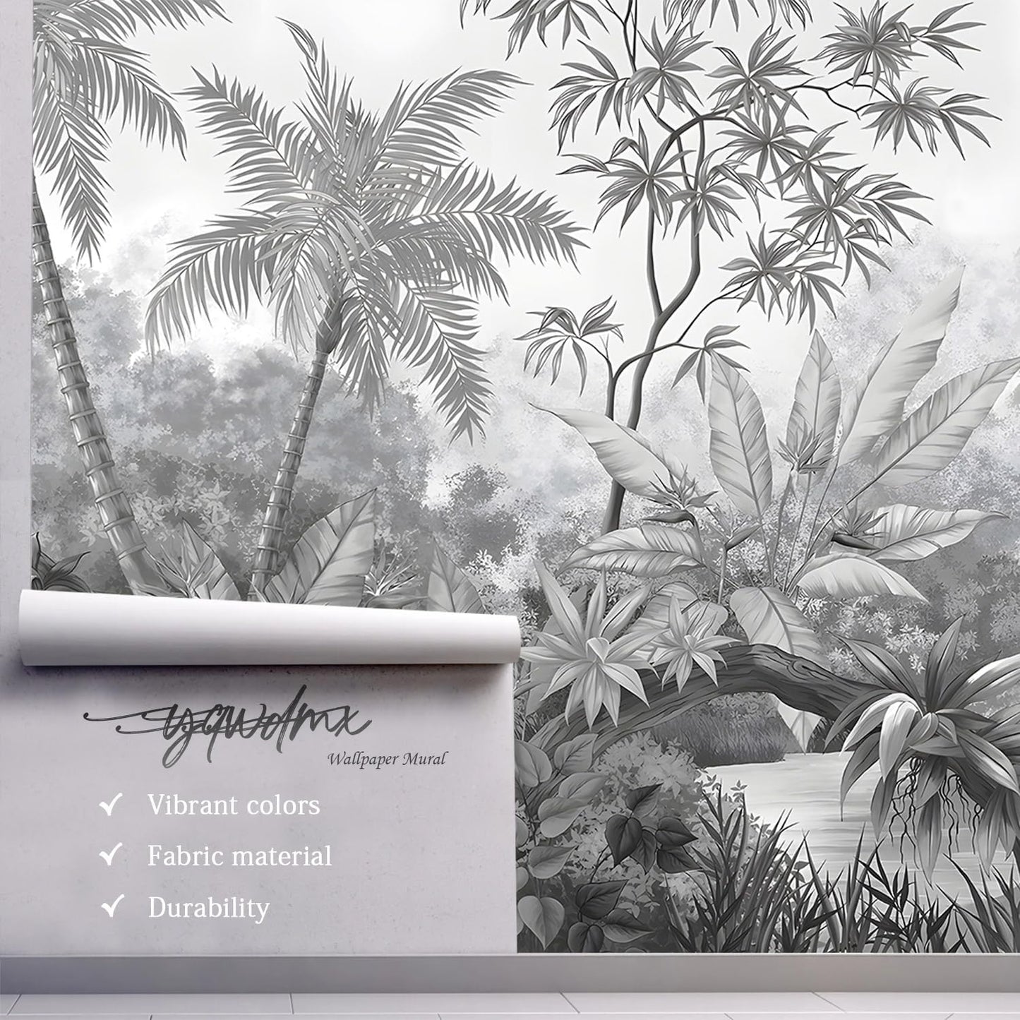 -Grey Rainforest Leaves Fabric Wallpaper Bedroom XT11 L 180" x 115"