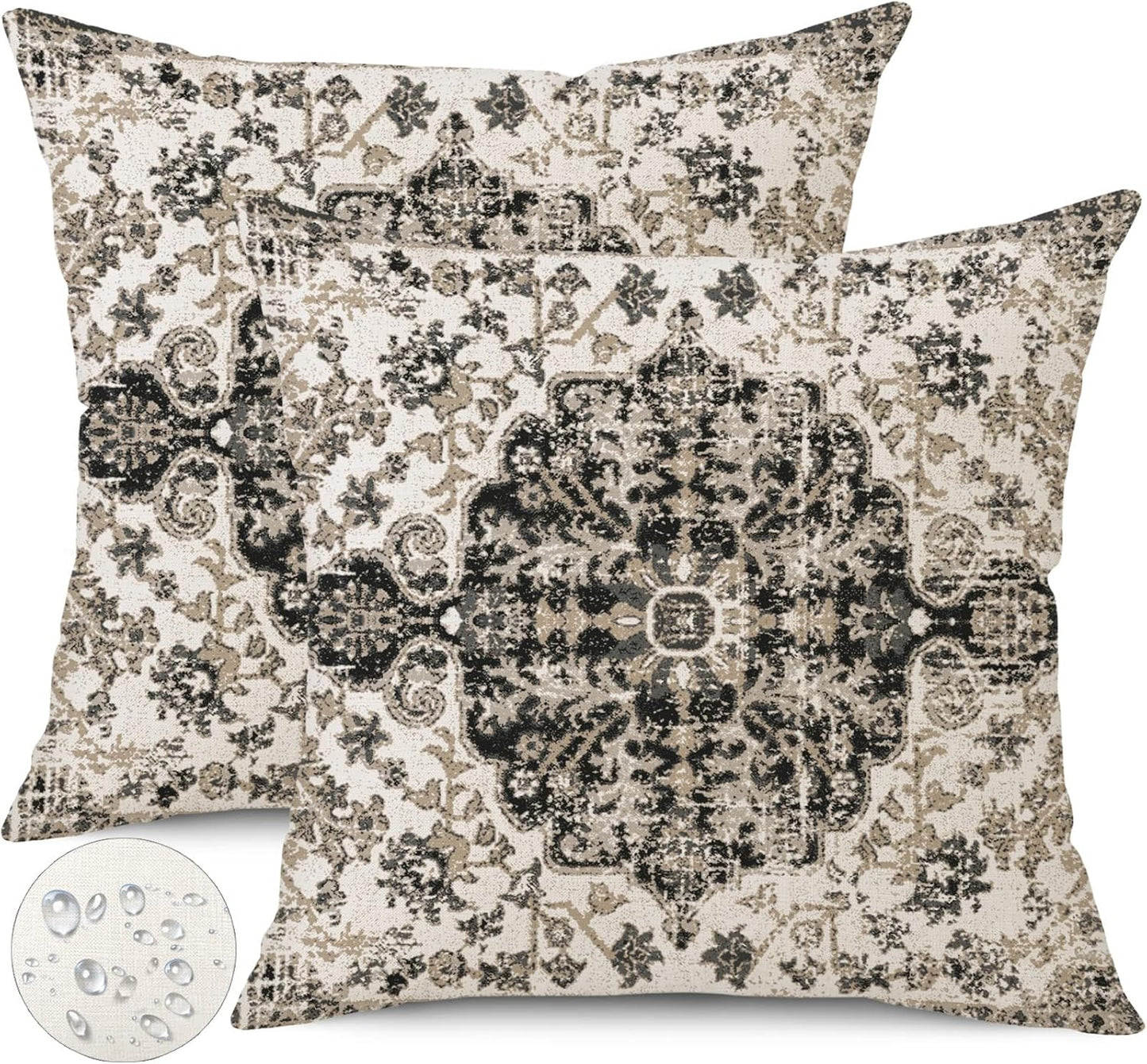 Outdoor Waterproof Pillow Covers 16X16 Inch Set of 2 - Bohemian Vintage Carpet Pattern Black Grey Ethnic Design Decorative Farmhouse for Couch Garden Balcony