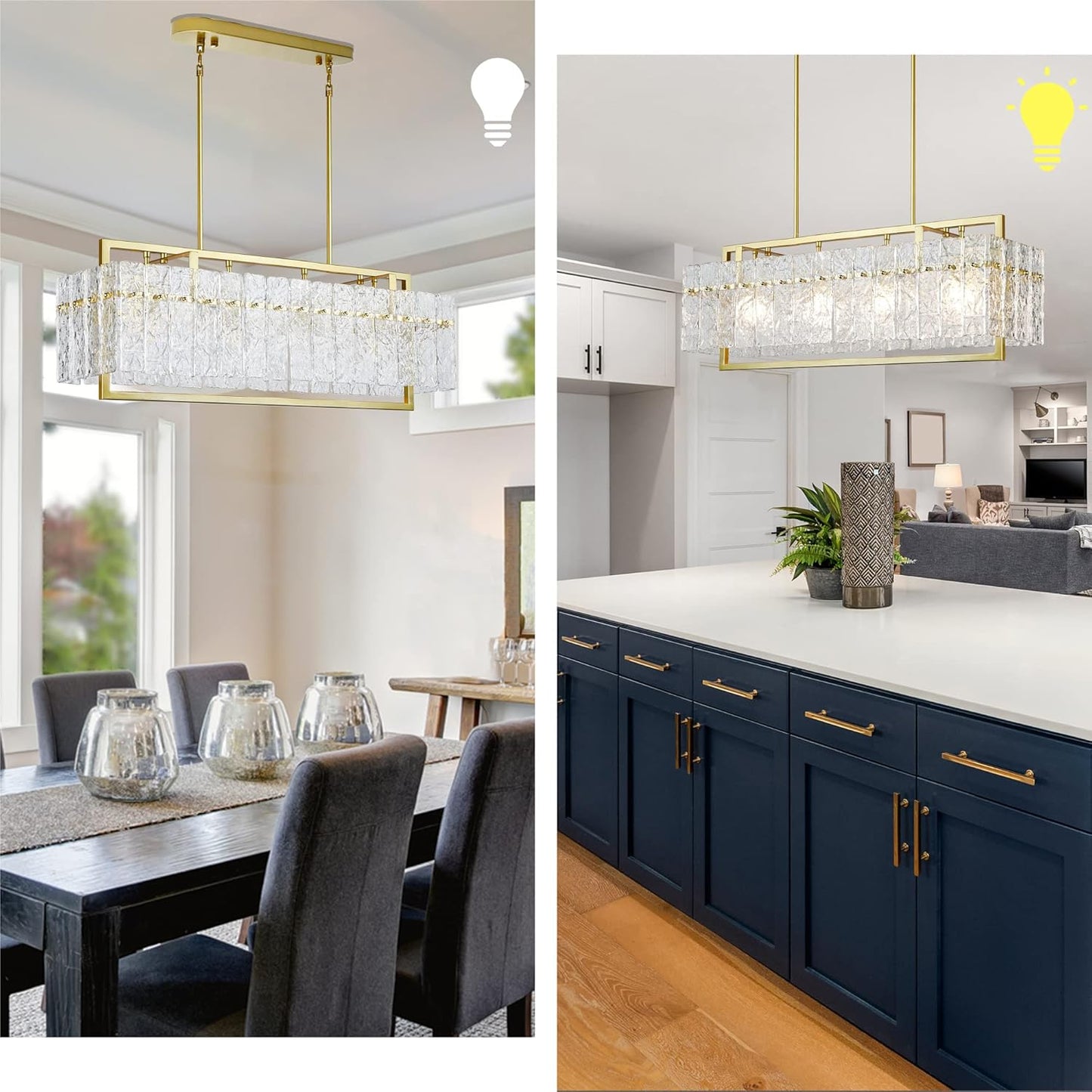 IKK Modern Gold Rectangle Chandeliers for Dining Room, Crystal Water Ripple Light Fixture, Elegant Farmhouse Linear Lighting for Kitchen Island, Bar Table, L33 x W9 x H12