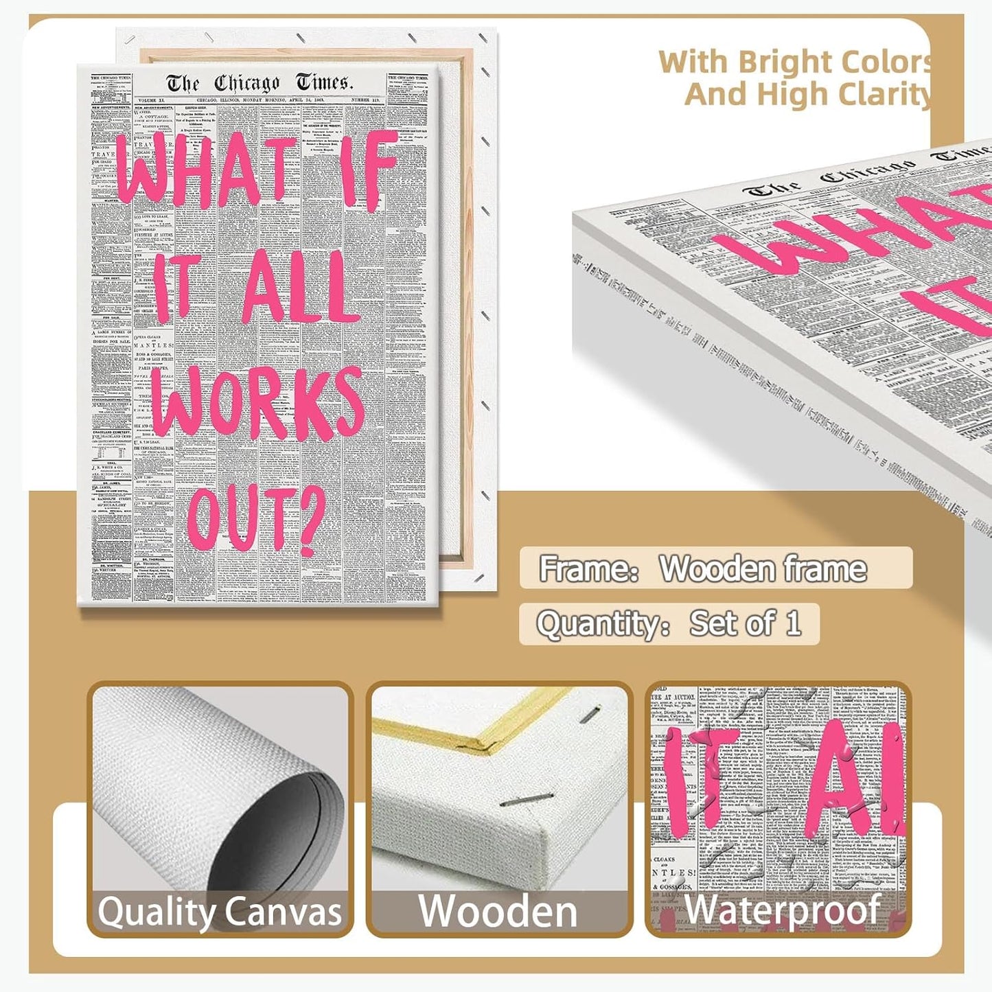 Liyark Retro Trendy Newspaper Canvas Wall Art What If All Works Out Poster Black And White Wall Art Positive Affirmation Quote Wall Art Pink Font Wall Decor Minimalist Home Decor 16x24in Framed