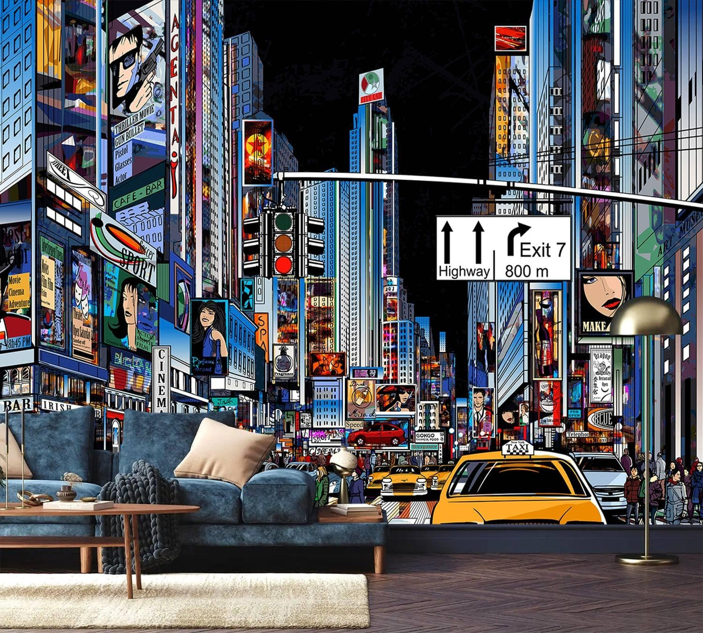 AFZEVEB-Hand-Painted New York City Wallpaper Wall murals for Bathroom 114"x74" (Not Peel and Stick)