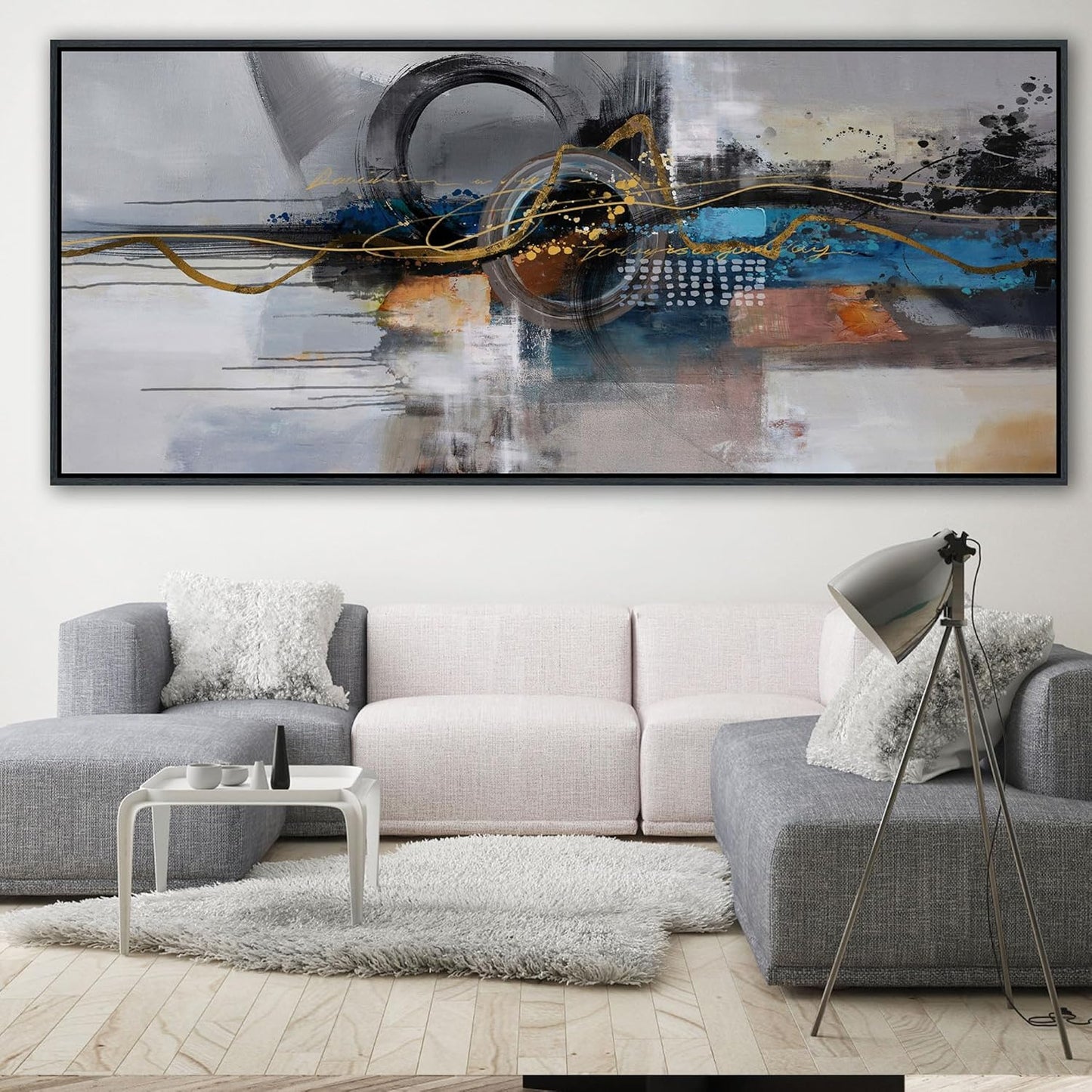 XLSJERST Large Abstract Frame Wall Art - Black and Blue Cnavas Framed Artwork for Walls Modern Minimalist Boho Gray Pictures Wall Decor for Living Room Bedroom Office Home Decoration 86x39 Inches