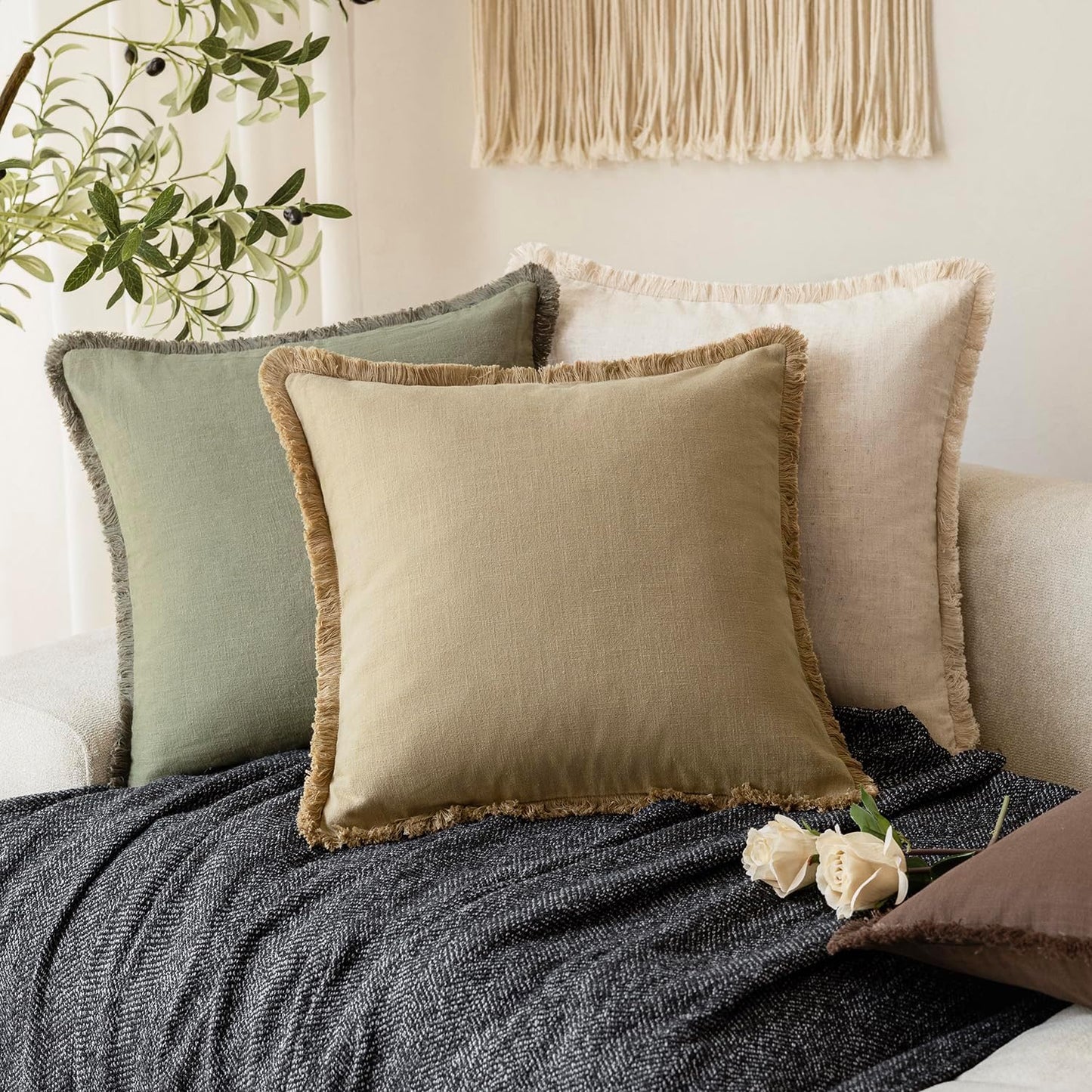 Foindtower Set of 2 Decorative Linen Fringe Throw Pillow Covers Farmhouse Cushion Cover with Tassels Soft Accent Pillowcase for Couch Chair Sofa Bed Living Room Home Decor,22×22 Inch,Light Khaki Taupe