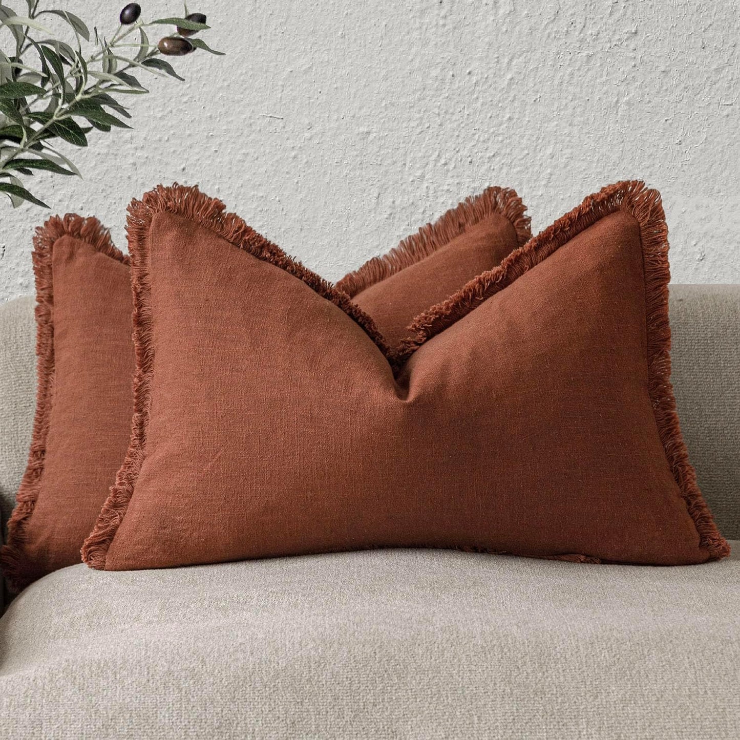 Foindtower Set of 2 Decorative Linen Fringe Lumbar Throw Pillow Covers Farmhouse Cushion Cover with Tassels Accent Pillowcase for Couch Sofa Bed Living Room Home Decor,12×20 Inch,Autumn Rust Orange