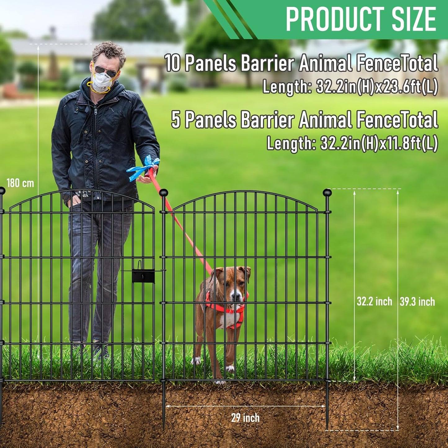 10 Panels Garden Fence Dog Fence Outdoor for Yard, 32in H x 23.6ft L Rustproof Metal Fencing with Ground Stakes | No Dig Animal Proof Containment for Pets/Rabbits | Durable Patio Security Panels