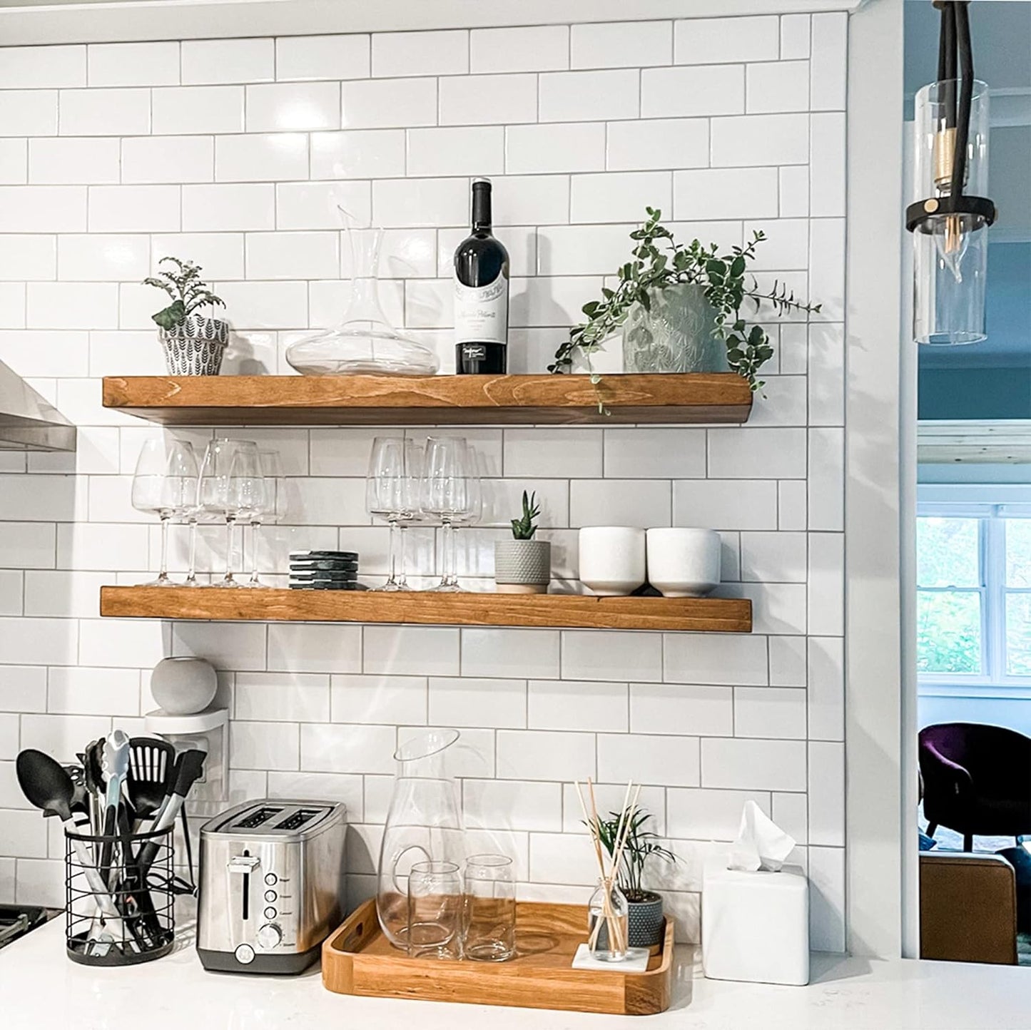URBANDI, Rustic Floating Shelves, Set of 2, Hidden Bracket, Solid Wood, Heavy Duty, Wall Mounted Shelves, (Brown, 48Wx10D)