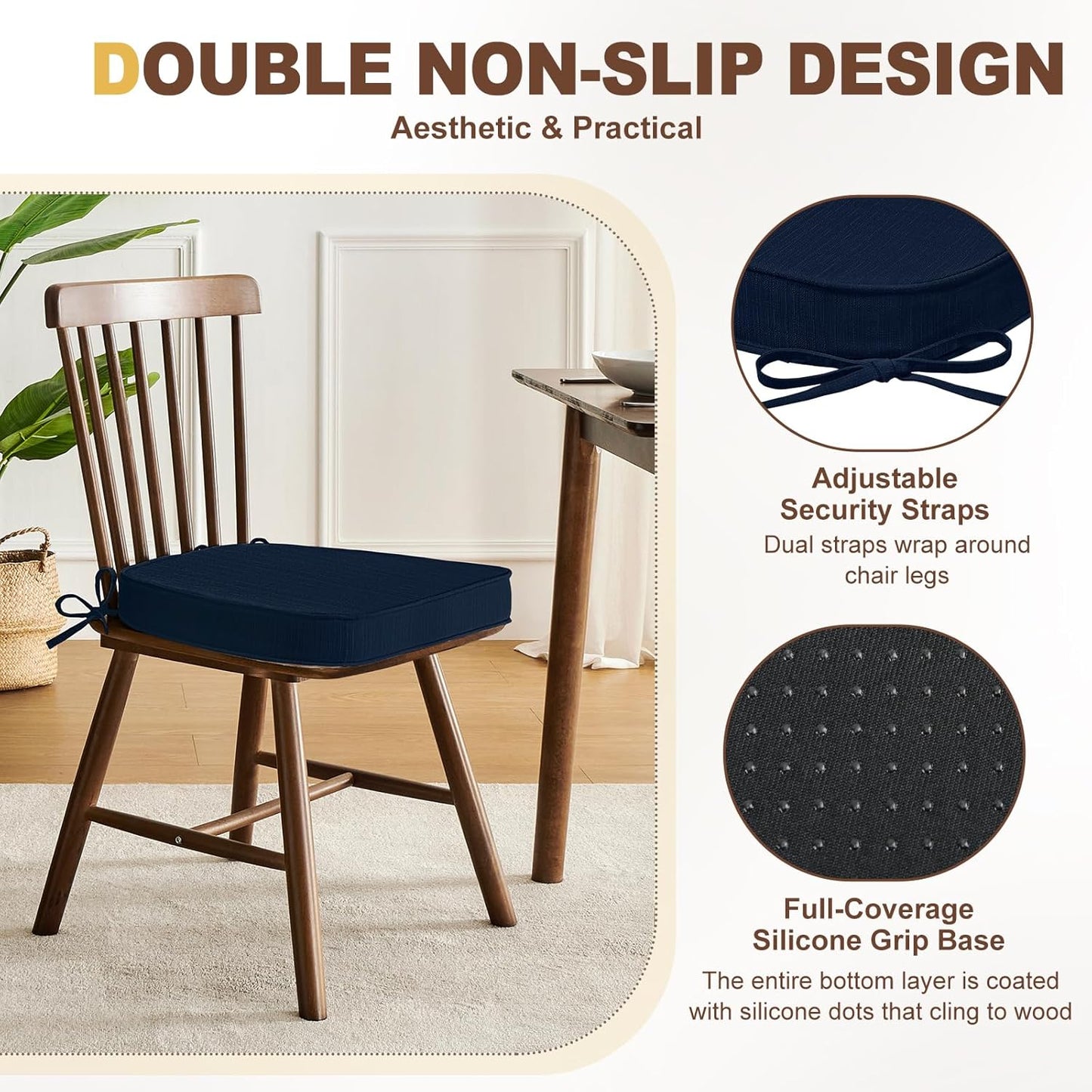 downluxe Chair Cushions for Dining Chairs, Waterproof Kitchen Chair Pads, Non-Slip Dining Seat Cushion with Ties, 17" x 16" x 2.5", Navy, 6 Pack