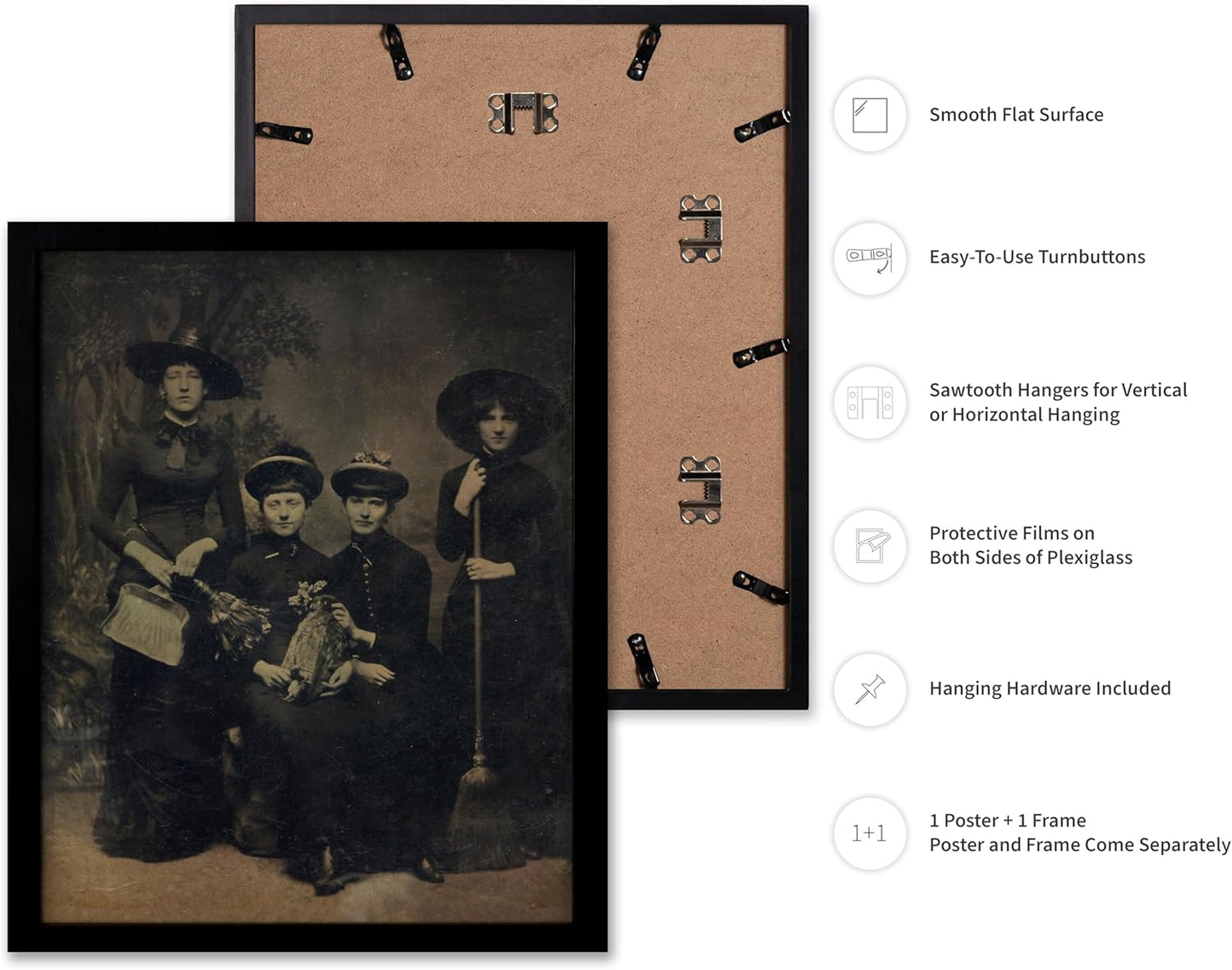 Poster Master Vintage Photograph Poster - Retro Halloween Print - Gift for Artist, Friend - Four Witches Wearing Robes, Sabbath, Coven, Sorcery - Wall Decor for Home, Office, 11x14 Black Framed