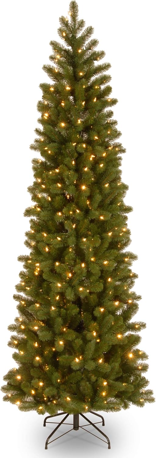 National Tree Company Pre-Lit 'Feel Real' Artificial Slim Downswept Christmas Tree, Green, Douglas Fir, White Lights, Includes Stand, 6.5 feet