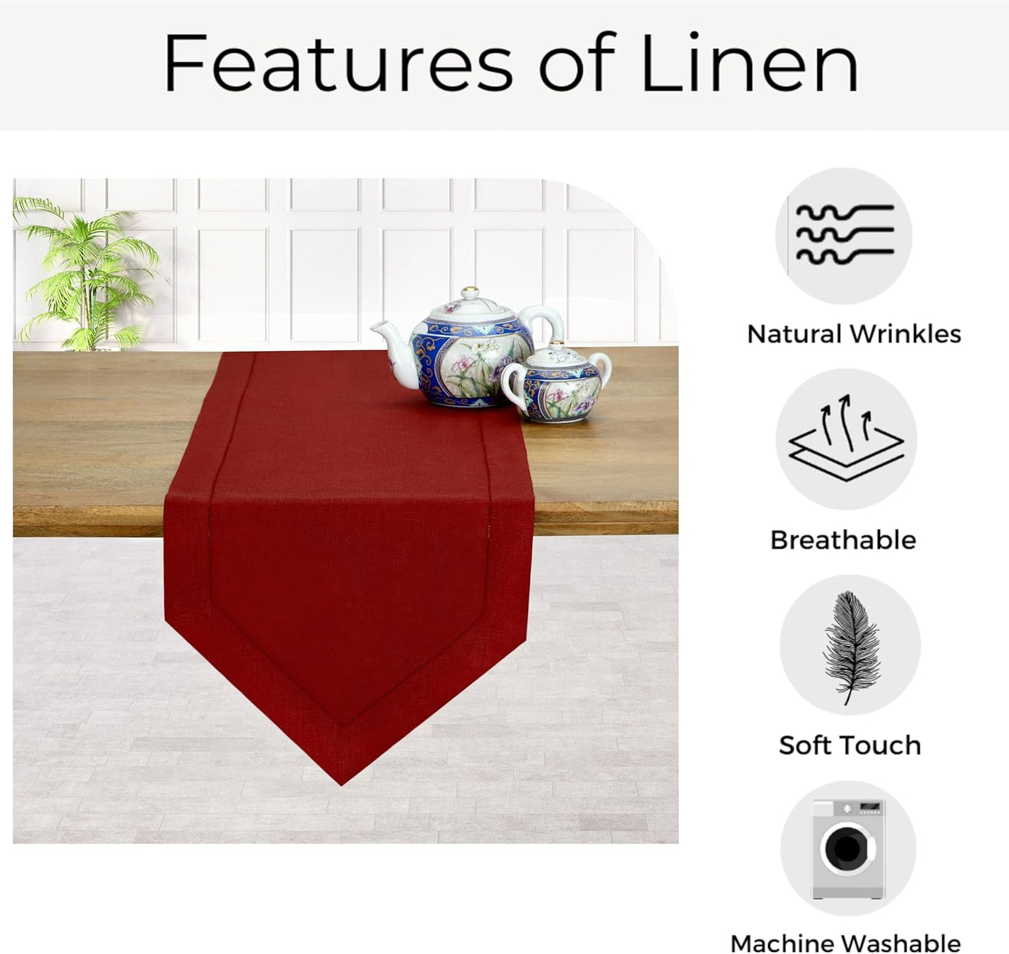D'Moksha Homes Red Linen Table Runner 108 Inches Long - 100% Pure Linen Diamond Table Runner 14 x 108 Inch for Dining, Fall and Halloween - Machine Washable