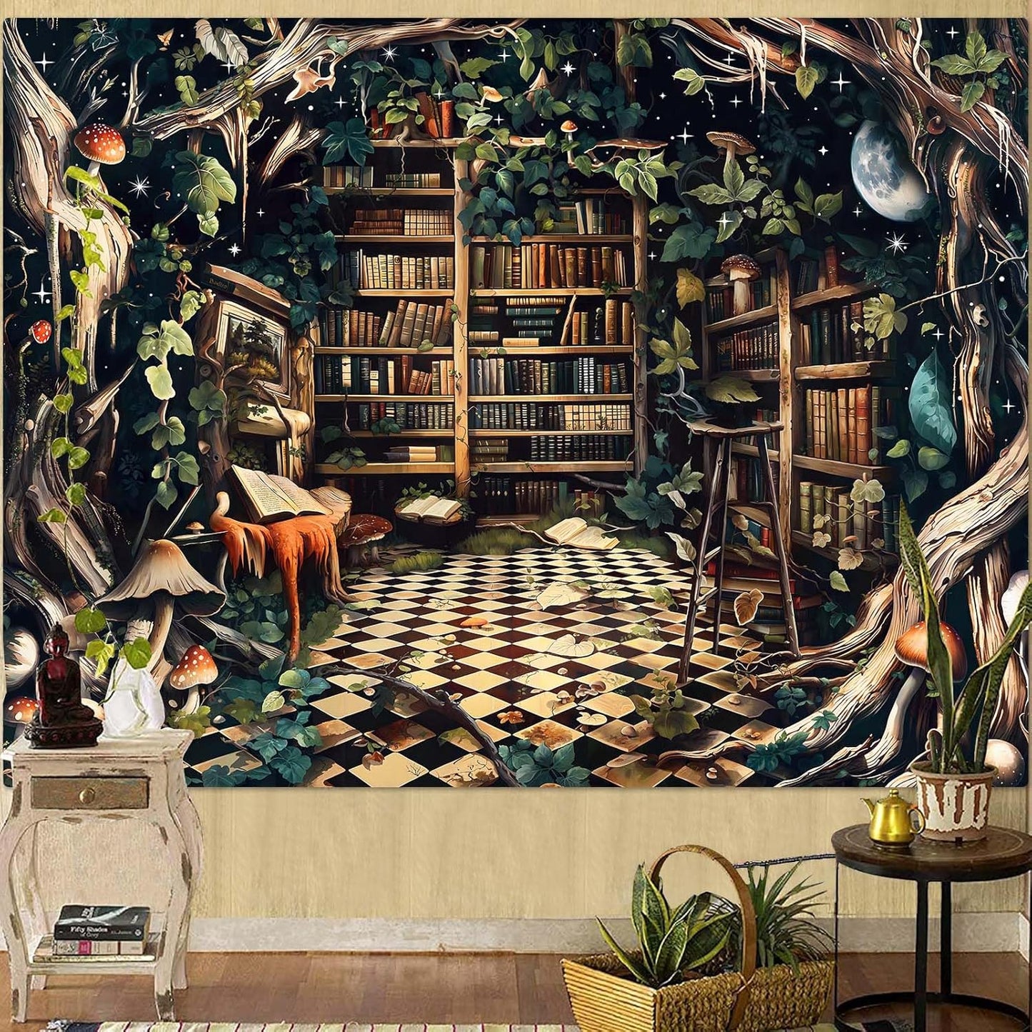 Accnicc Fantasy Forest Bookshelf Tapestry Witchy Fairy Tree Mushroom Retro Backdrop Tapestries Wall Hanging Vintage Library Book Tapestry for Bedroom Living Room Dorm 80 x 60 inch