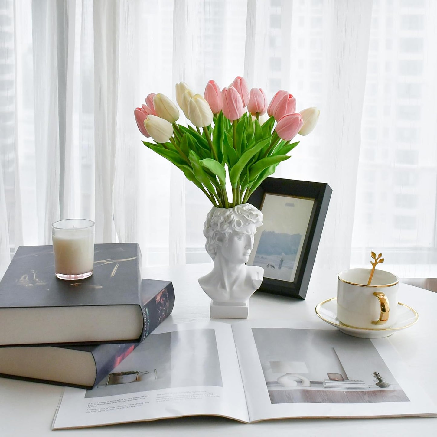 Mandy's Artificial Tulips 20 Stems White and Light Pink PU Faux Flowers for Wedding Home Decor 13.5 Inch