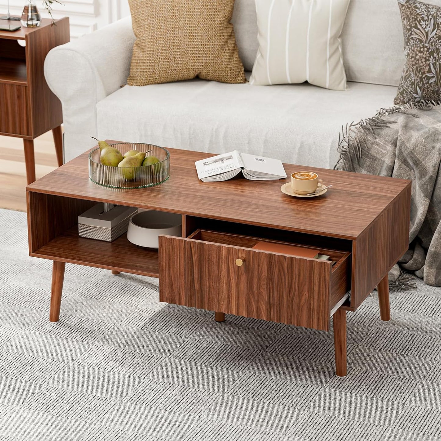 Coffee Table with Storage, Mid Century Dining Table with Fluted Drawer and Solid Wood Legs, Small Coffee Tables for Living Room, Walnut