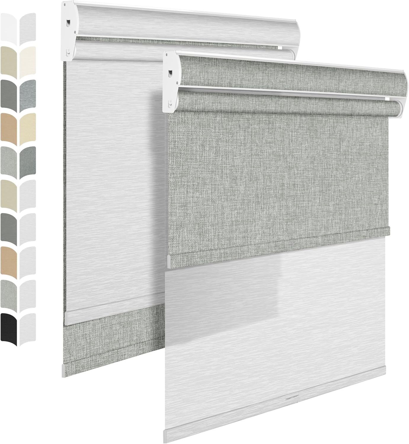 BERISSA Cordless Dual Roller Shades with Cassette Valance,Double Window Shades Blackout and Light Filtering Shades,Day and Night Roller Shades for Home Office Door.Linen Grey and White.28 W x 64" H