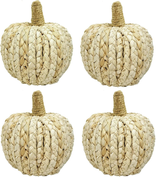 naturevibe 5.3 Inches Braided Cornhusk Pumpkin Decor Set of 4 as Centerpieces for Tables,Natural Corn Stalks Woven Pumpkins for Fall Home Decor,Thanksgiving Decorations or Autumn Harvest Gifts