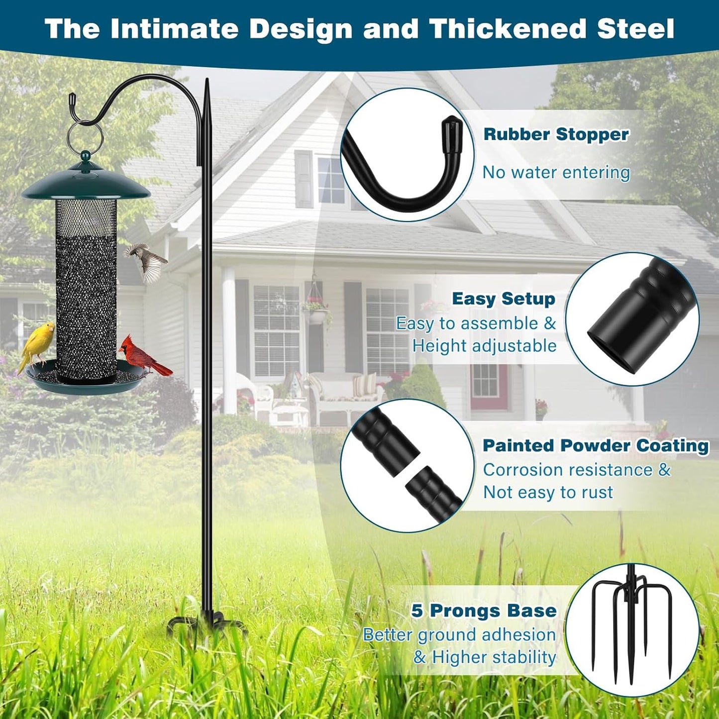 Gtongoko 47 inch Small Shepherds Hooks for Outdoor with 5 Prongs, Adjustable Bird Feeder Pole Garden Hooks for Hanging Lanterns, Plants Baskets, Hummingbird Feeders, 2 Pack